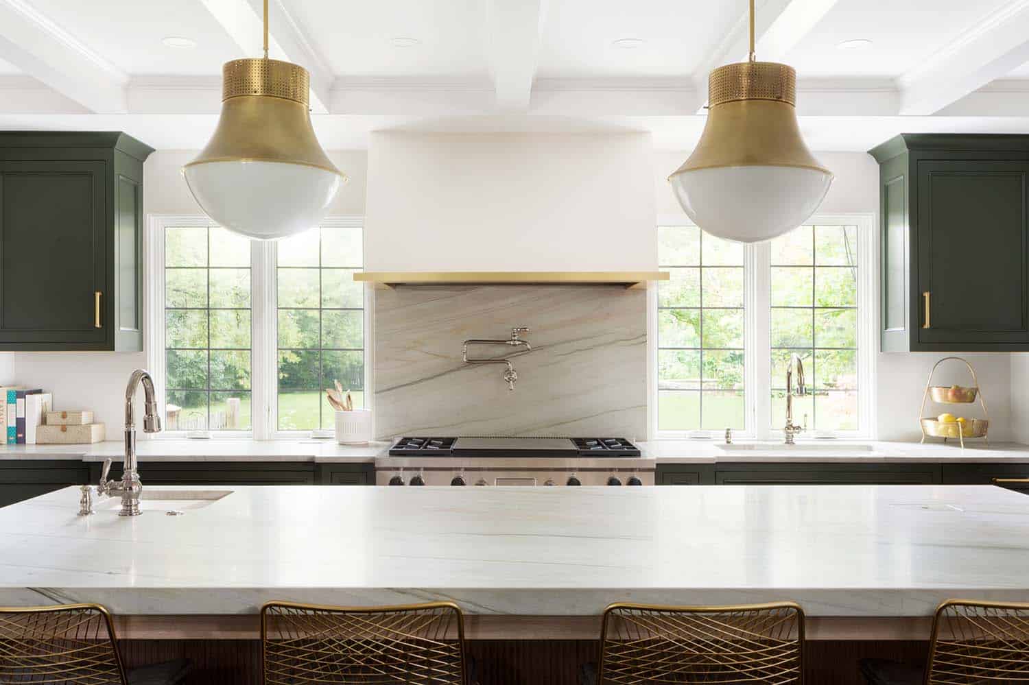 French contemporary kitchen with large pendant lights