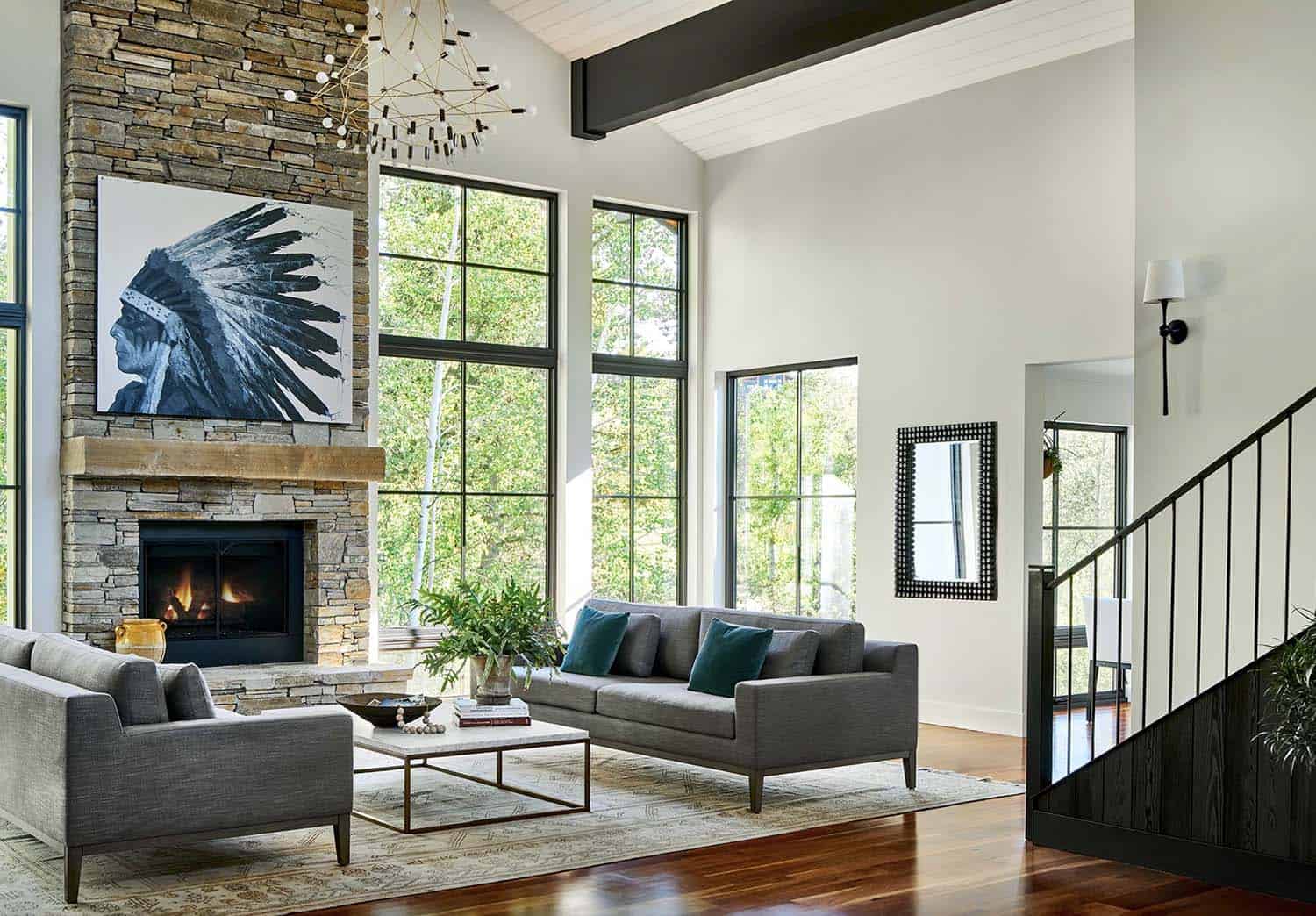 modern mountain living room with a fireplace and large windows