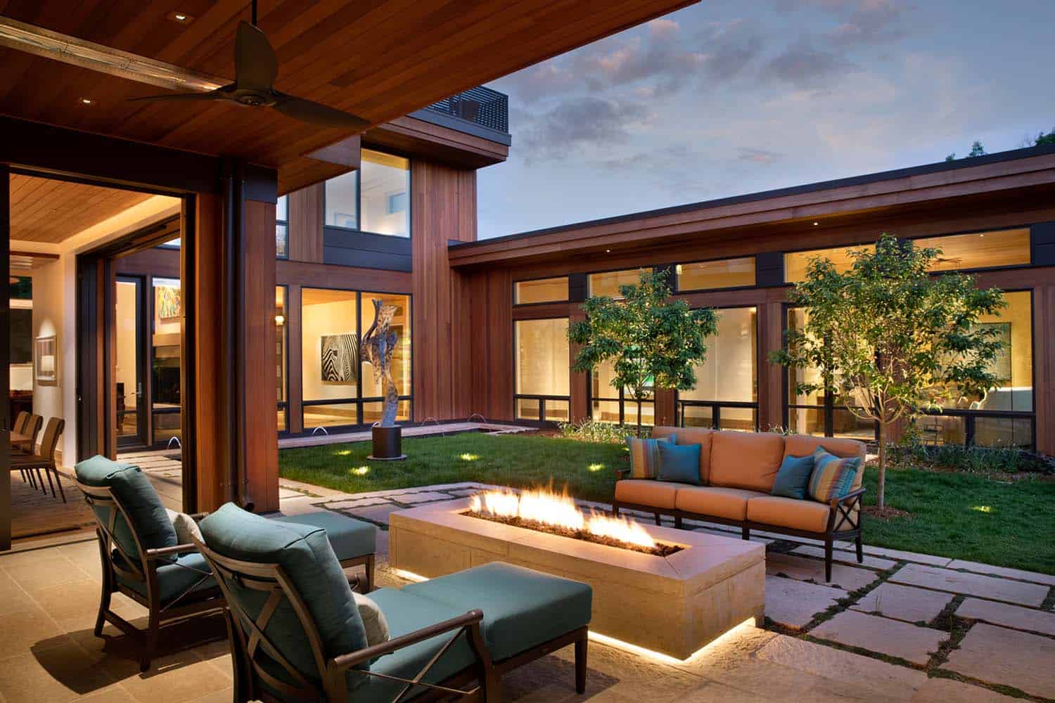 modern urban house central courtyard with a fire pit