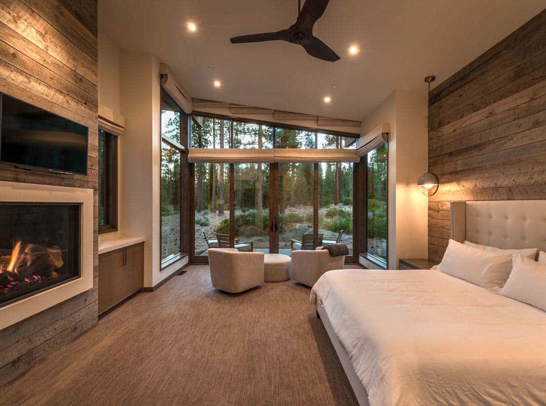 mountain contemporary bedroom with a fireplace