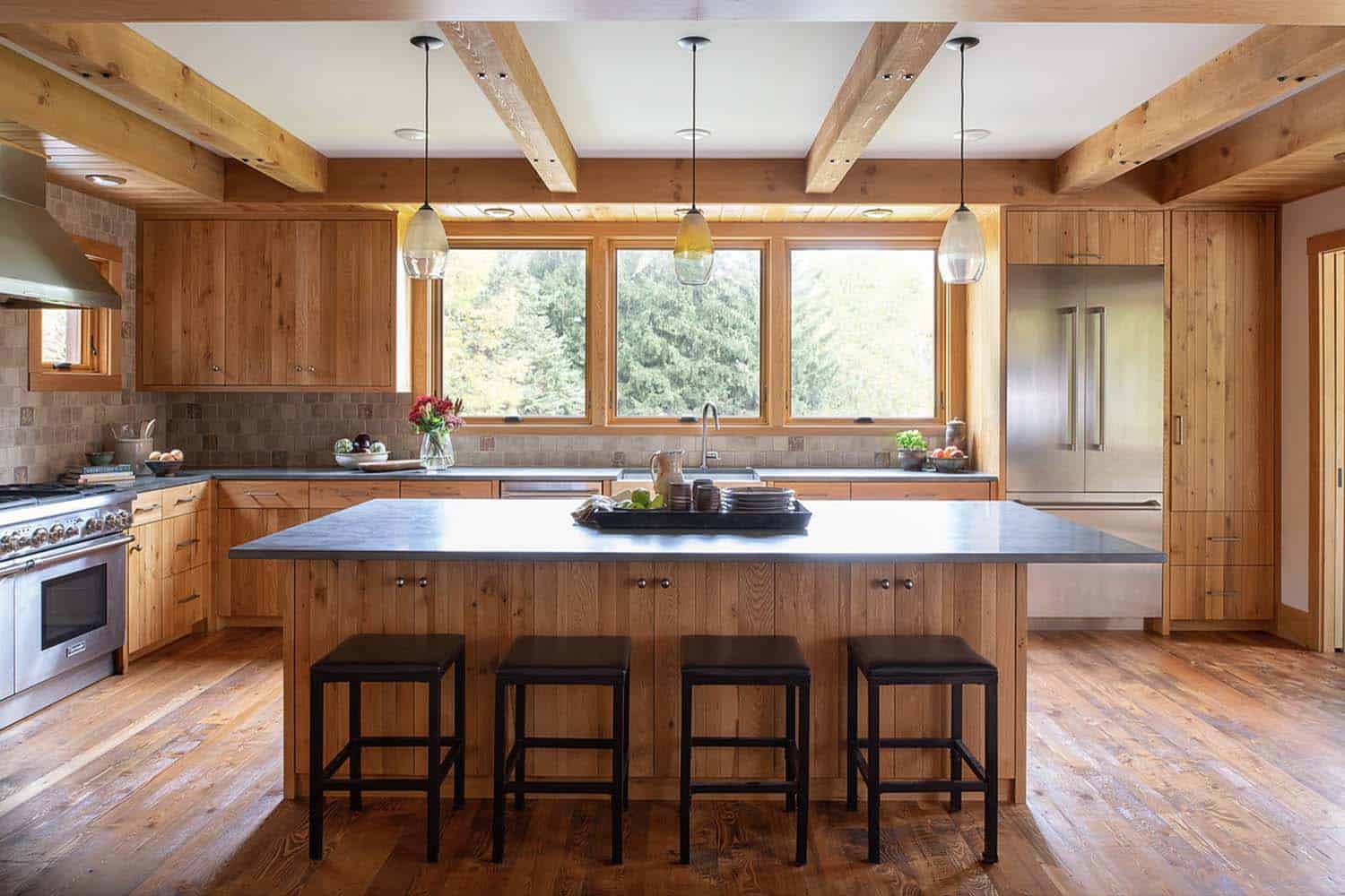 rustic farmhouse style kitchen with wood beams on the ceiling