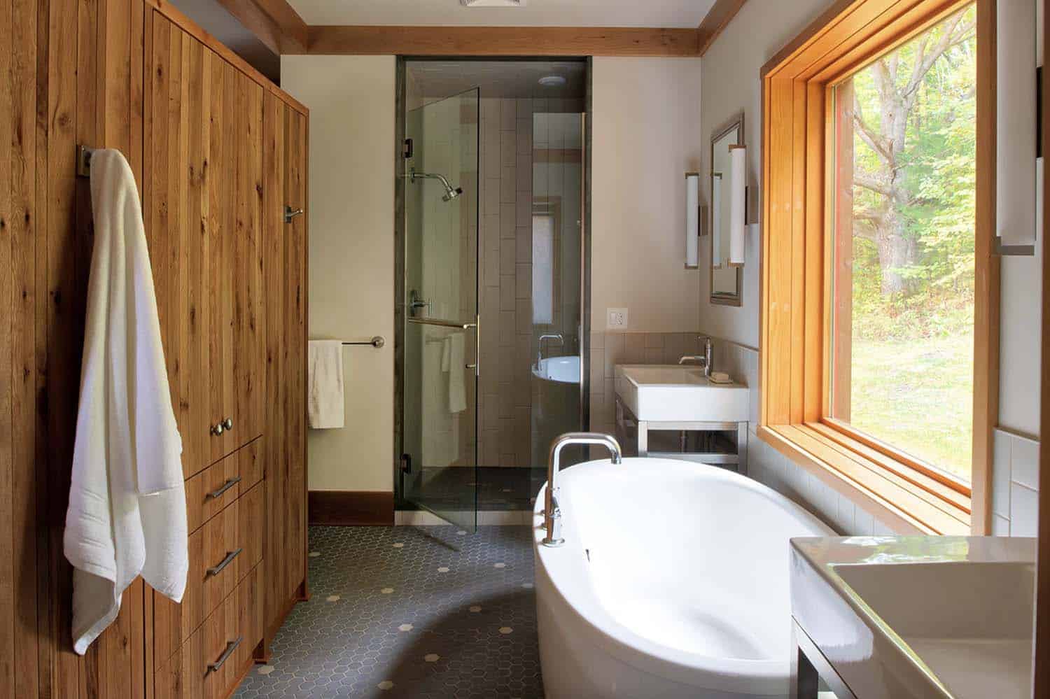 rustic modern farmhouse style bathroom with a freestanding tub