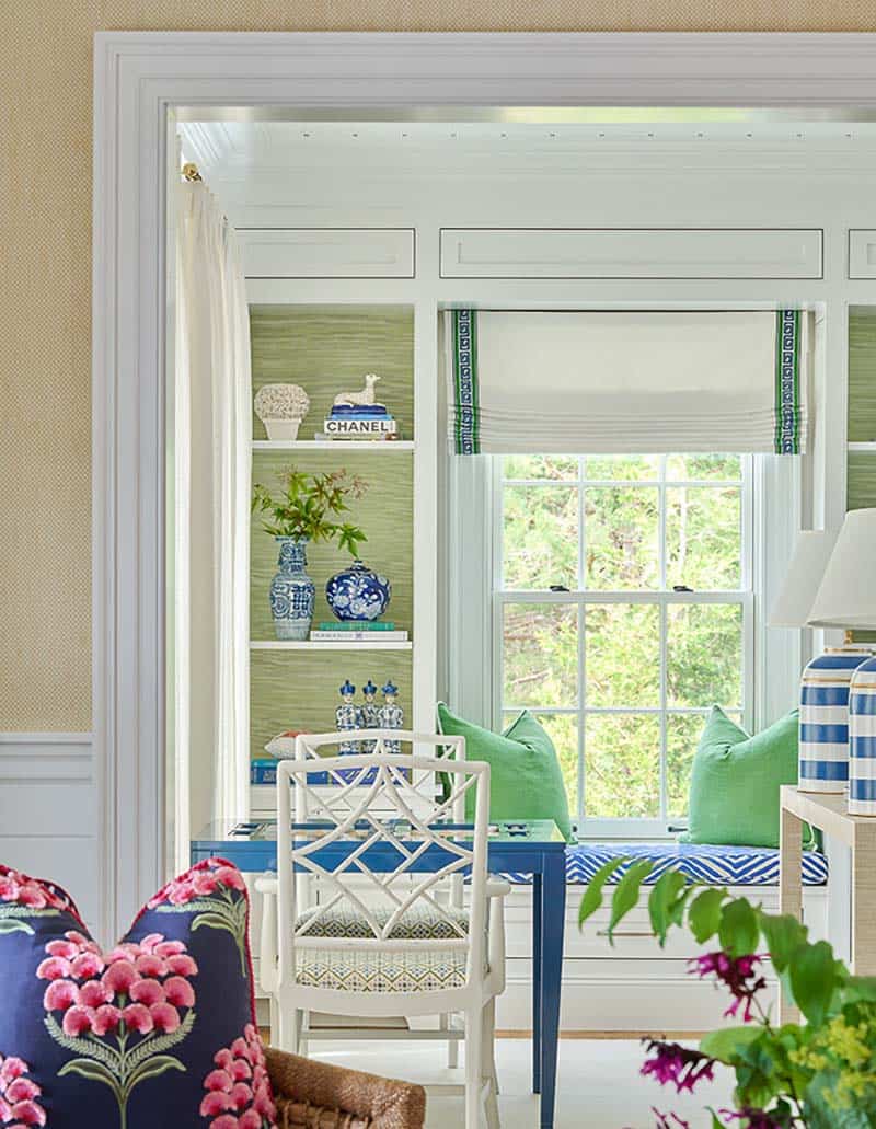 transitional style home office with a built-in window seat