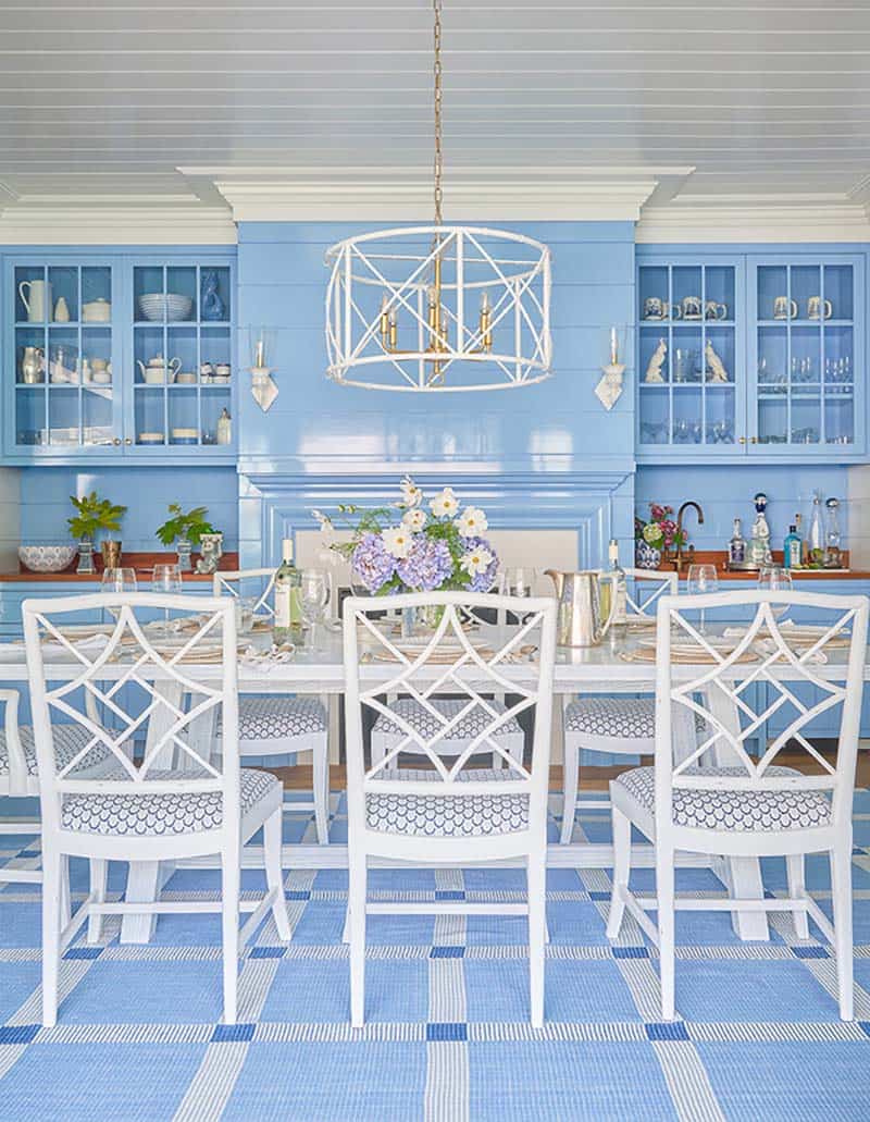 transitional style dining room in blue and white