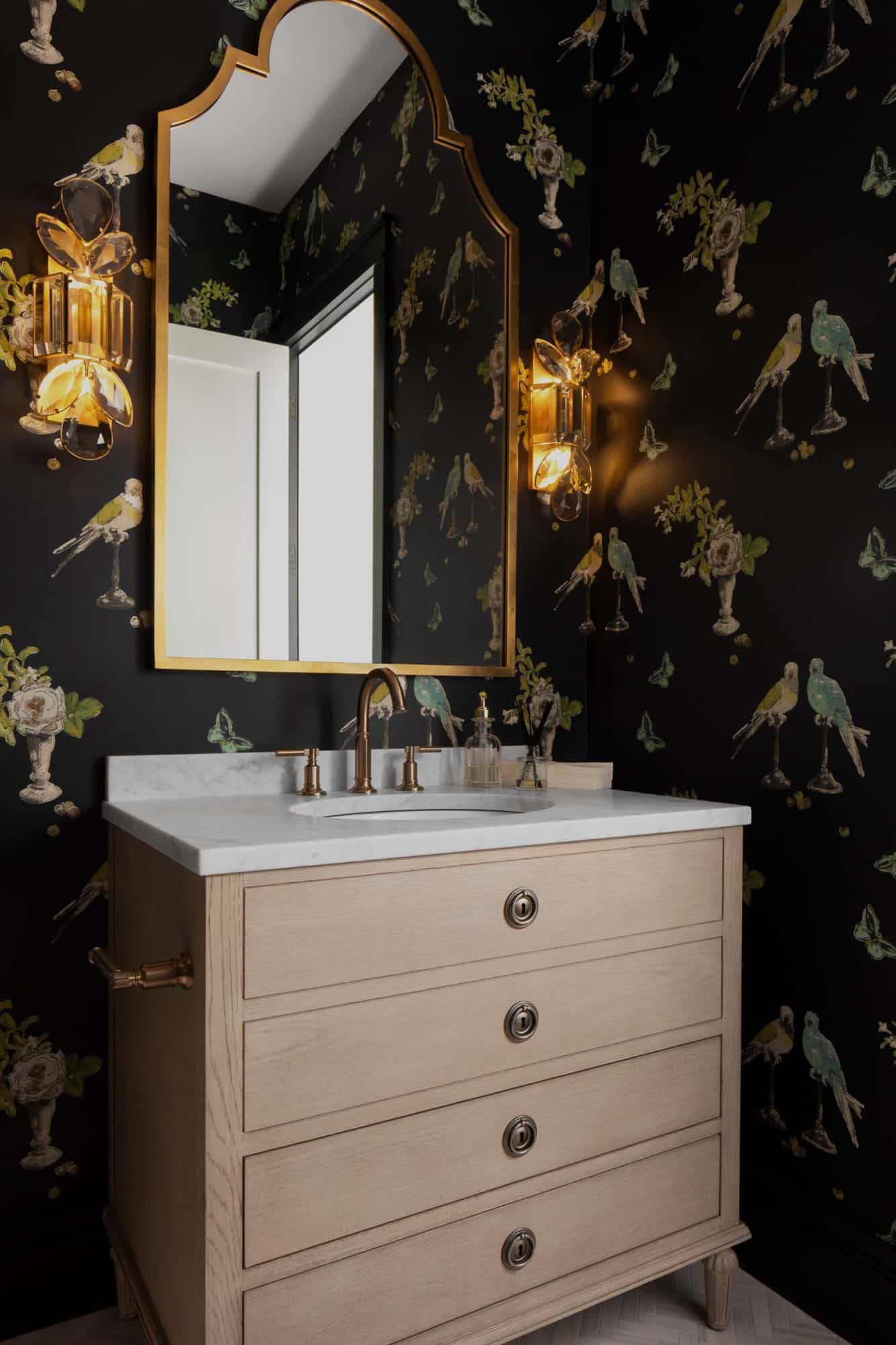 transitional style powder room with dark wallpaper