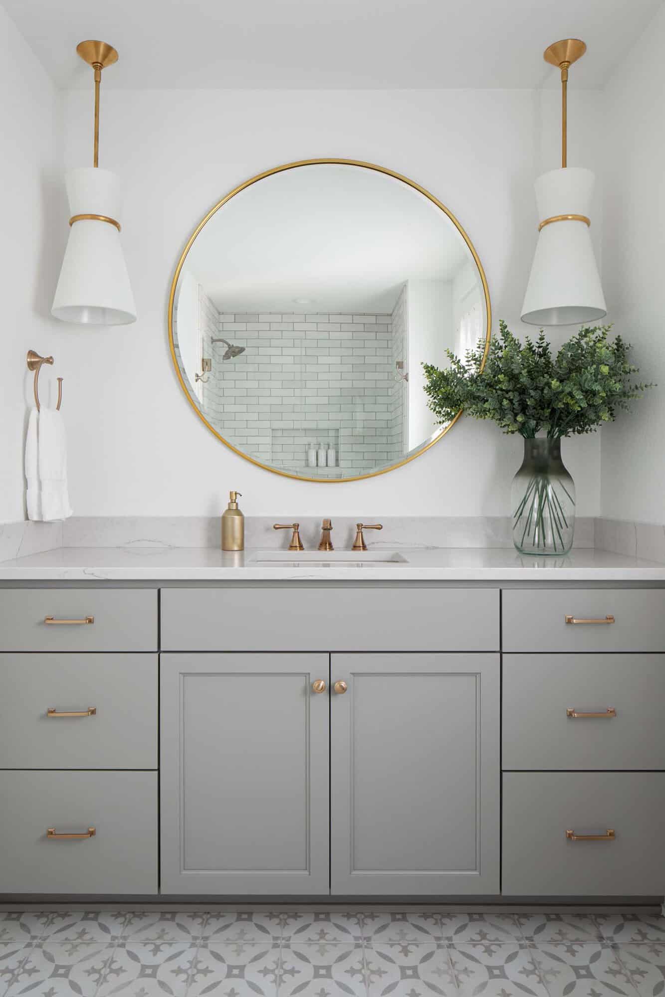 transitional style guest bathroom vanity with gray cabinets