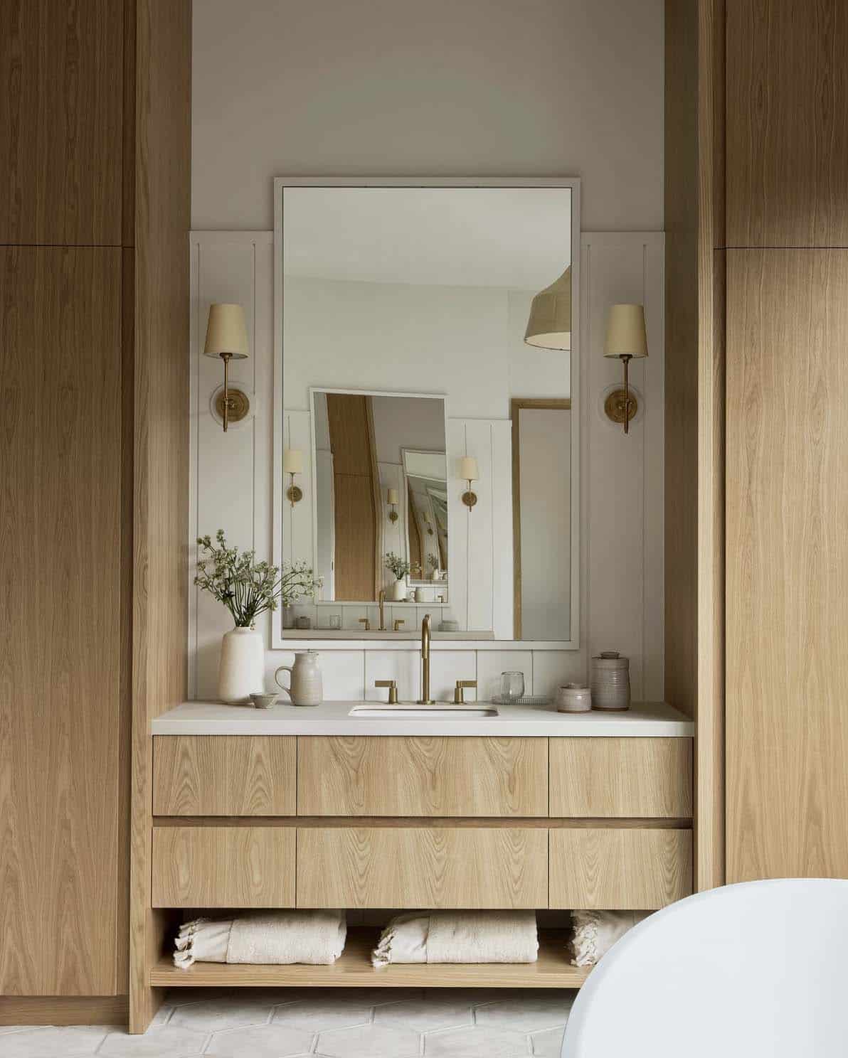transitional style bathroom vanity and mirror