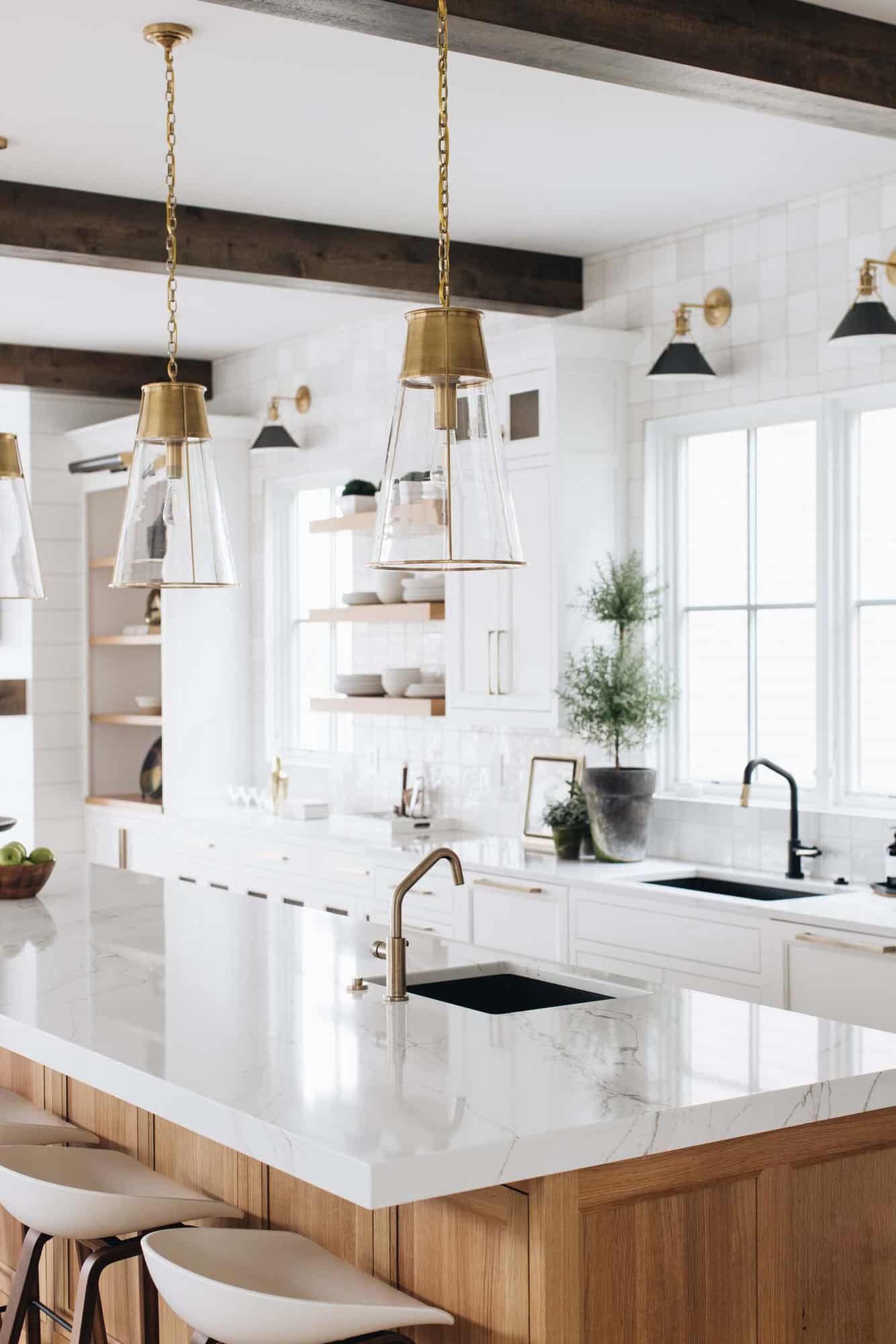 beach style kitchen island detail with pendant lights