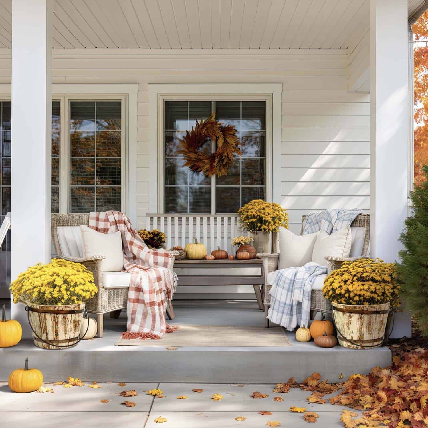 front porch decorated with mums, fall blankets and pumpkins