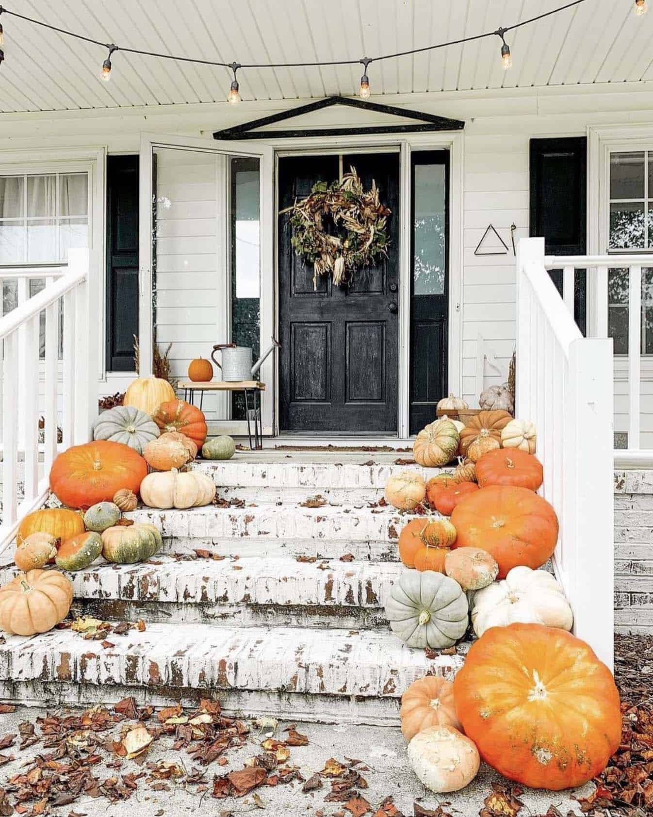 front porch with pumpkins on the steps and a black door and white painted brick