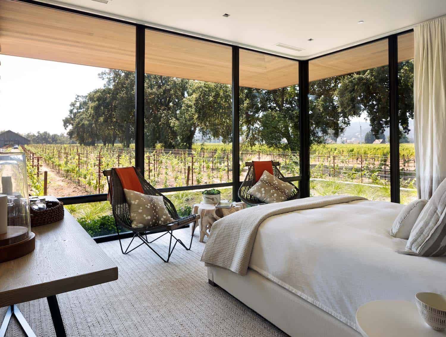 contemporary bedroom with large windows framing the landscape