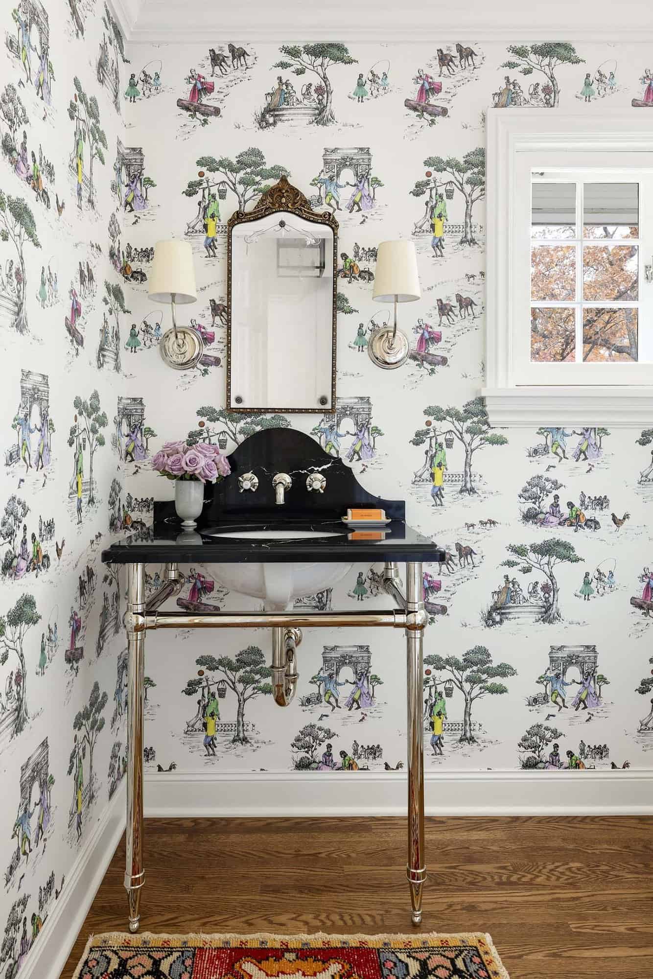 traditional powder bathroom with wallpaper