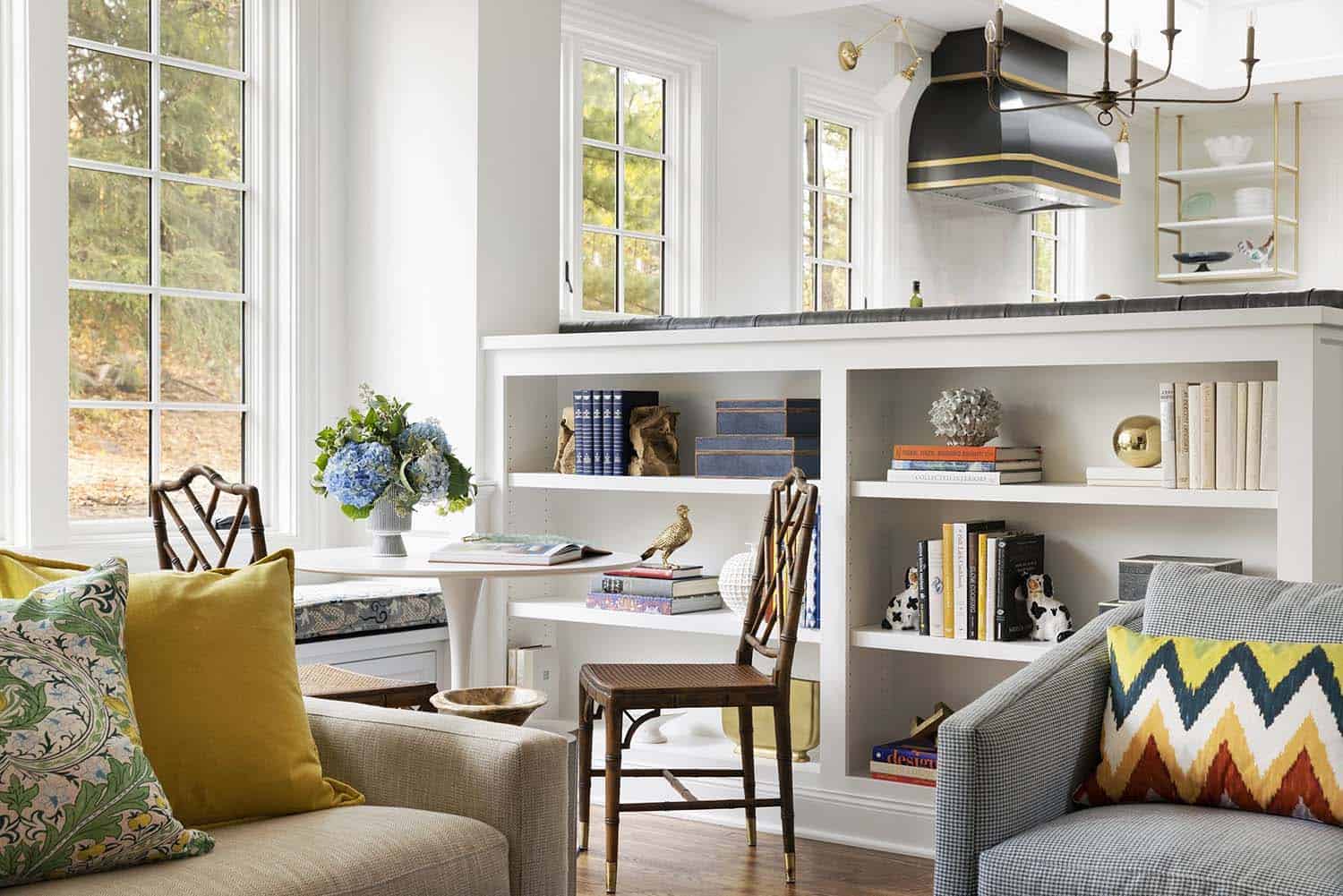 traditional family room with a built-in bookcase