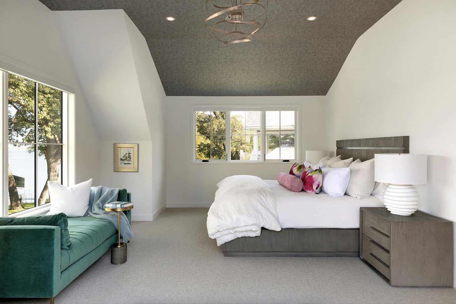 contemporary bedroom with a gray wallpaper ceiling