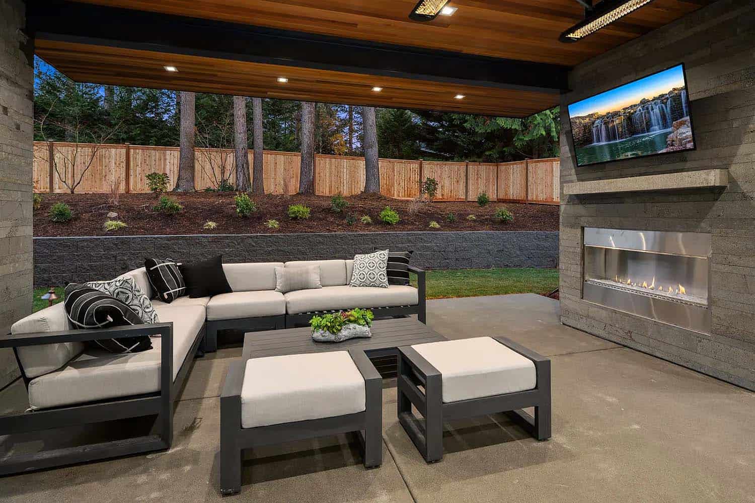 contemporary covered patio with outdoor furniture