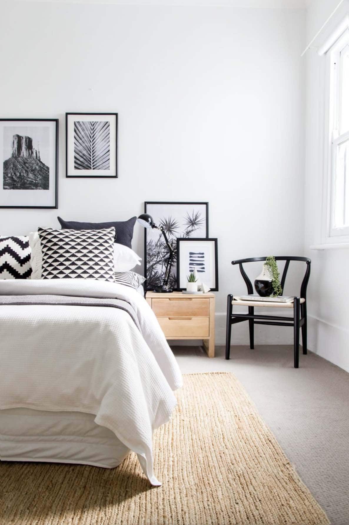 Scandinavian bedroom with a black and white color palette