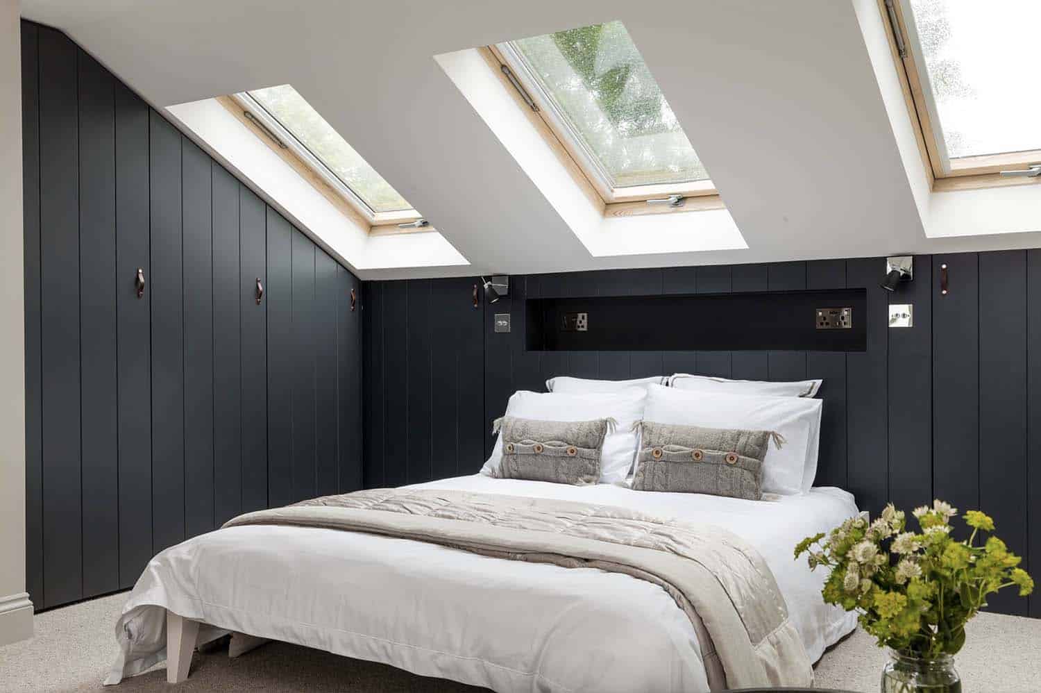 bedroom with tongue and groove wall panelling and skylights