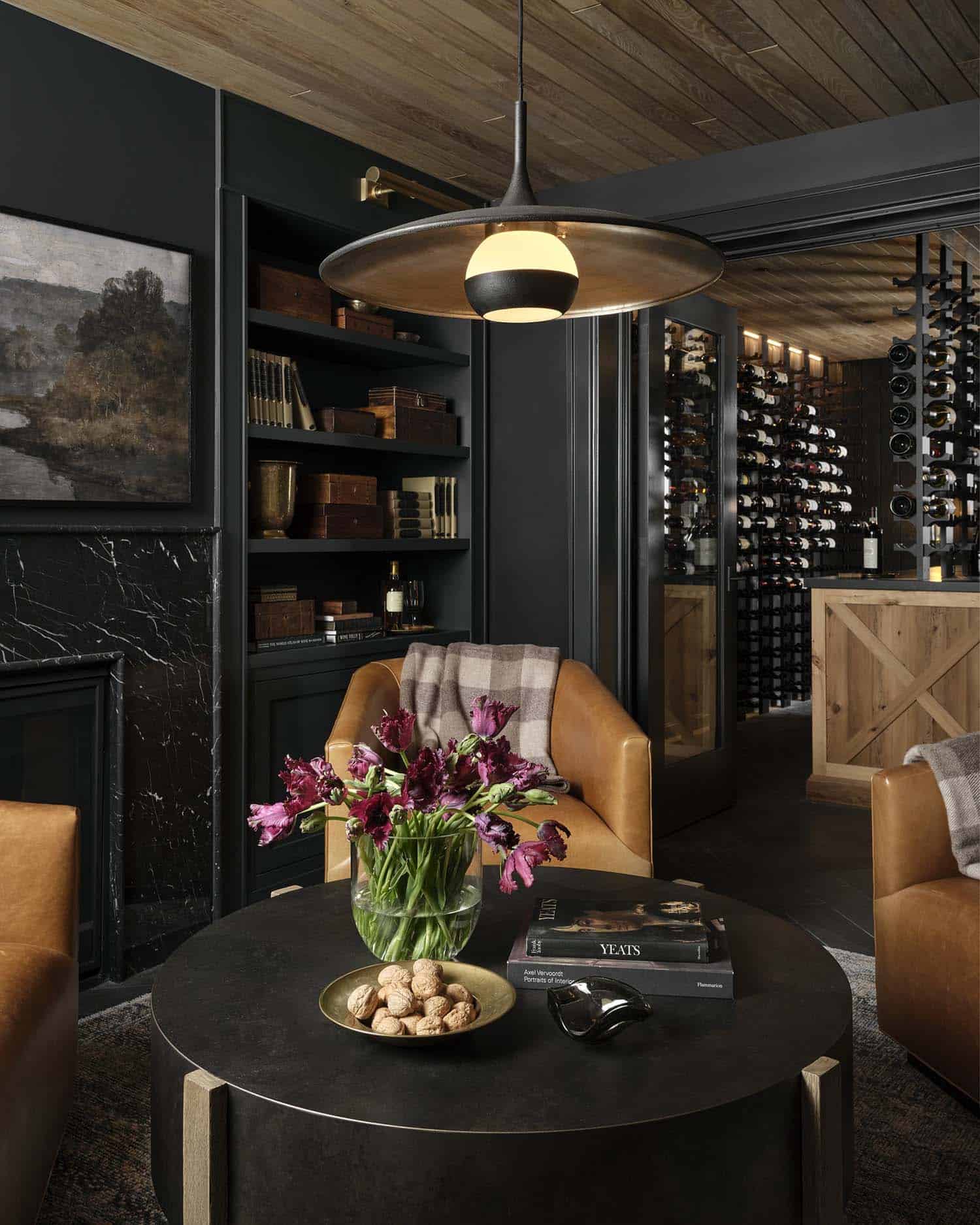 moody basement with a wine cellar