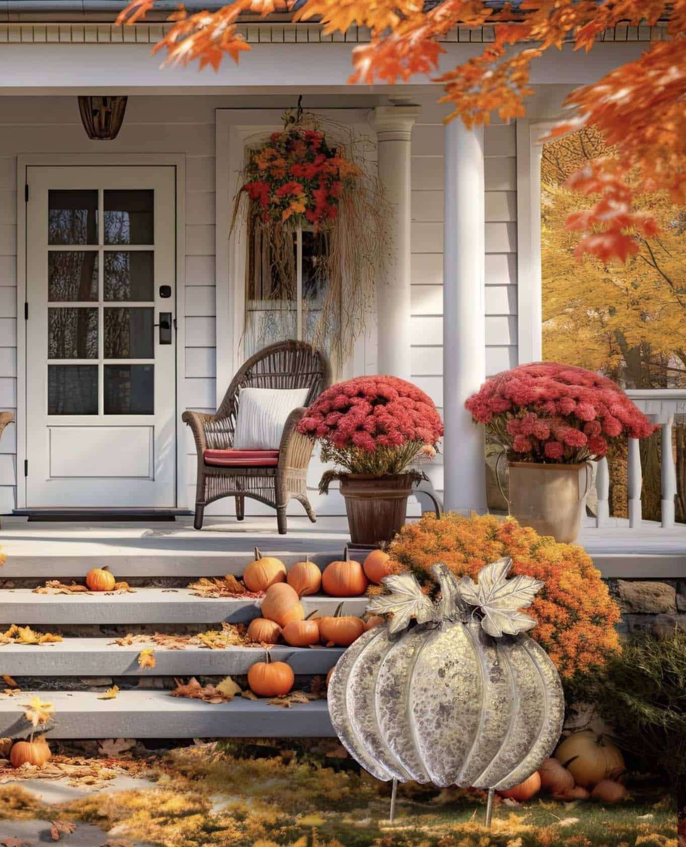farmhouse fall home decor on the front porch with pumpkins