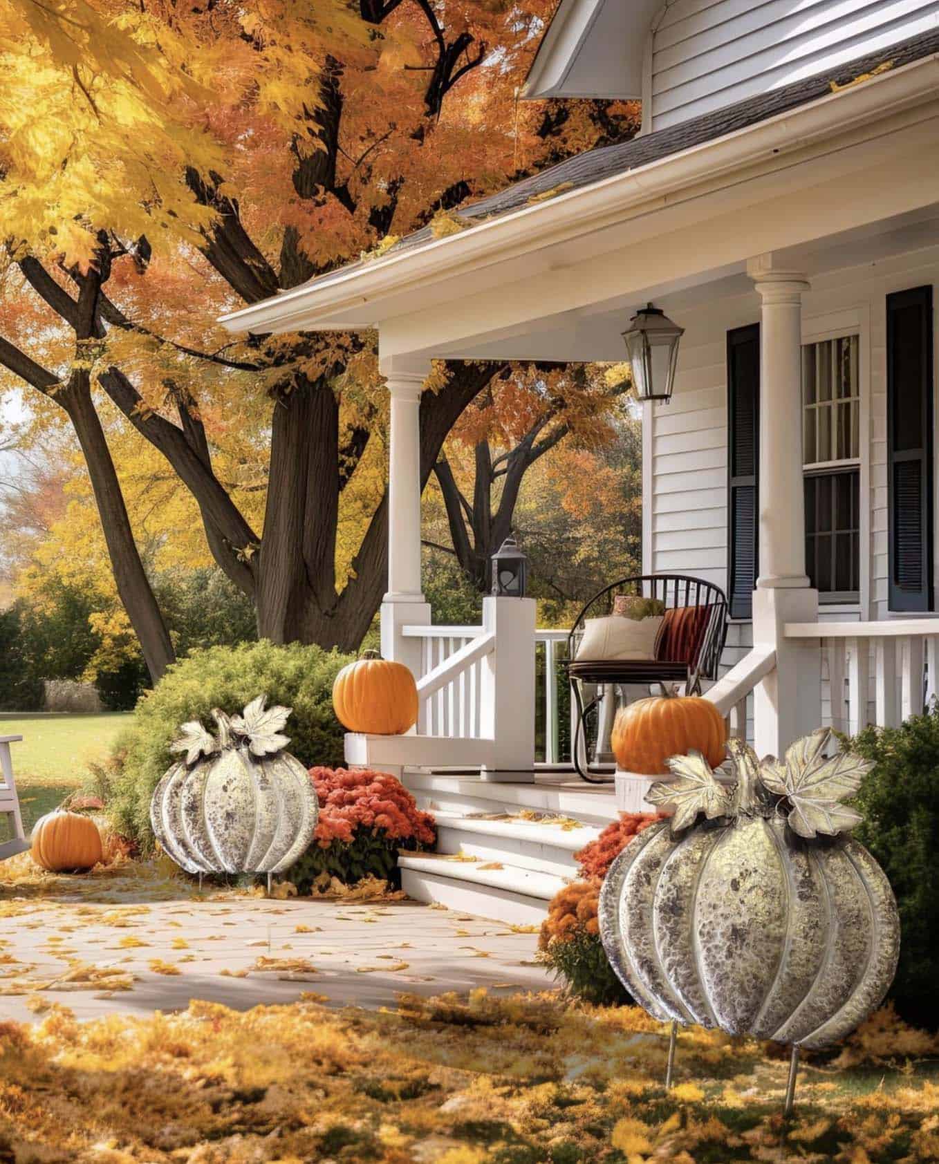 farmhouse fall home decor on the front porch with pumpkins