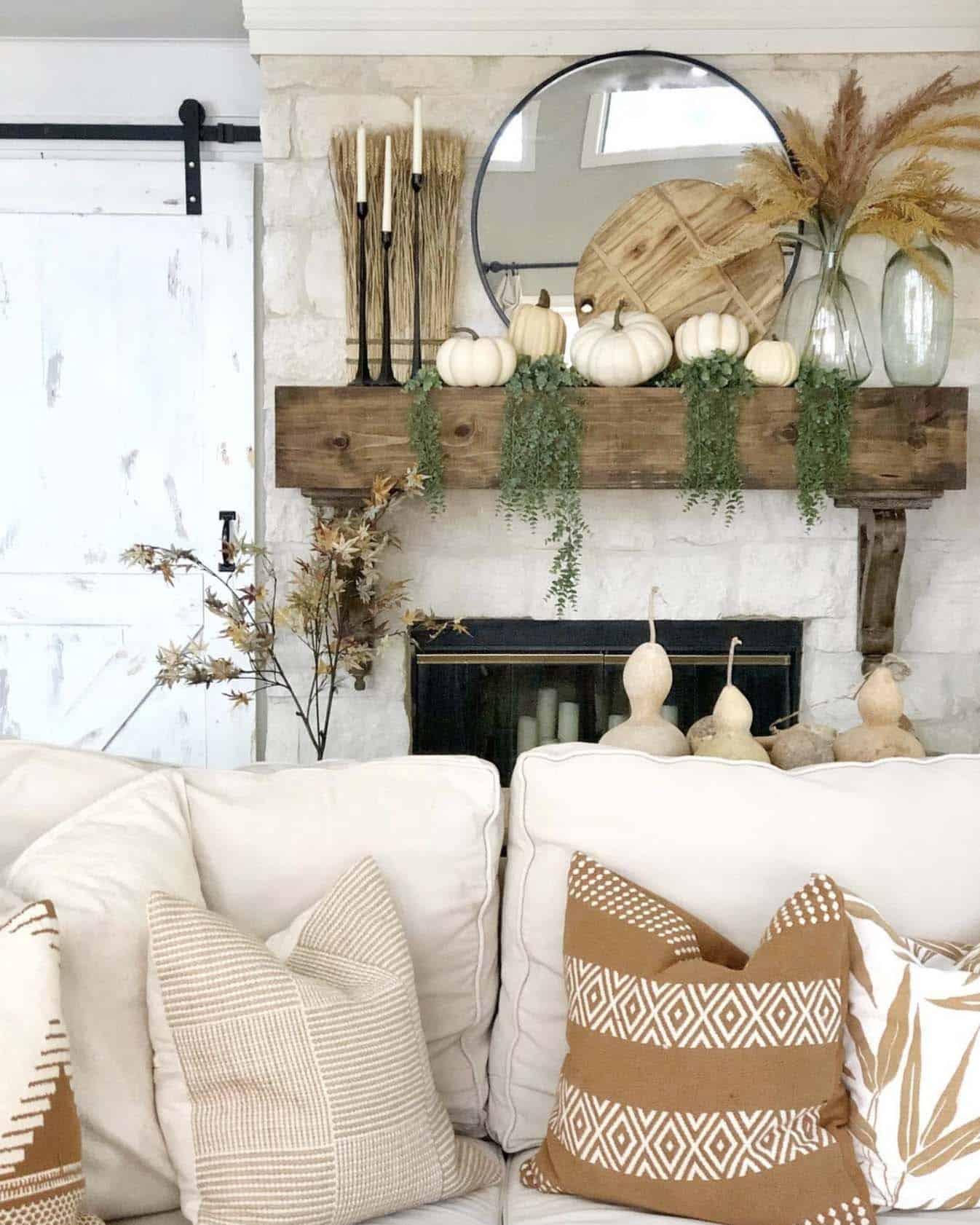 fall mantel with white pumpkins
