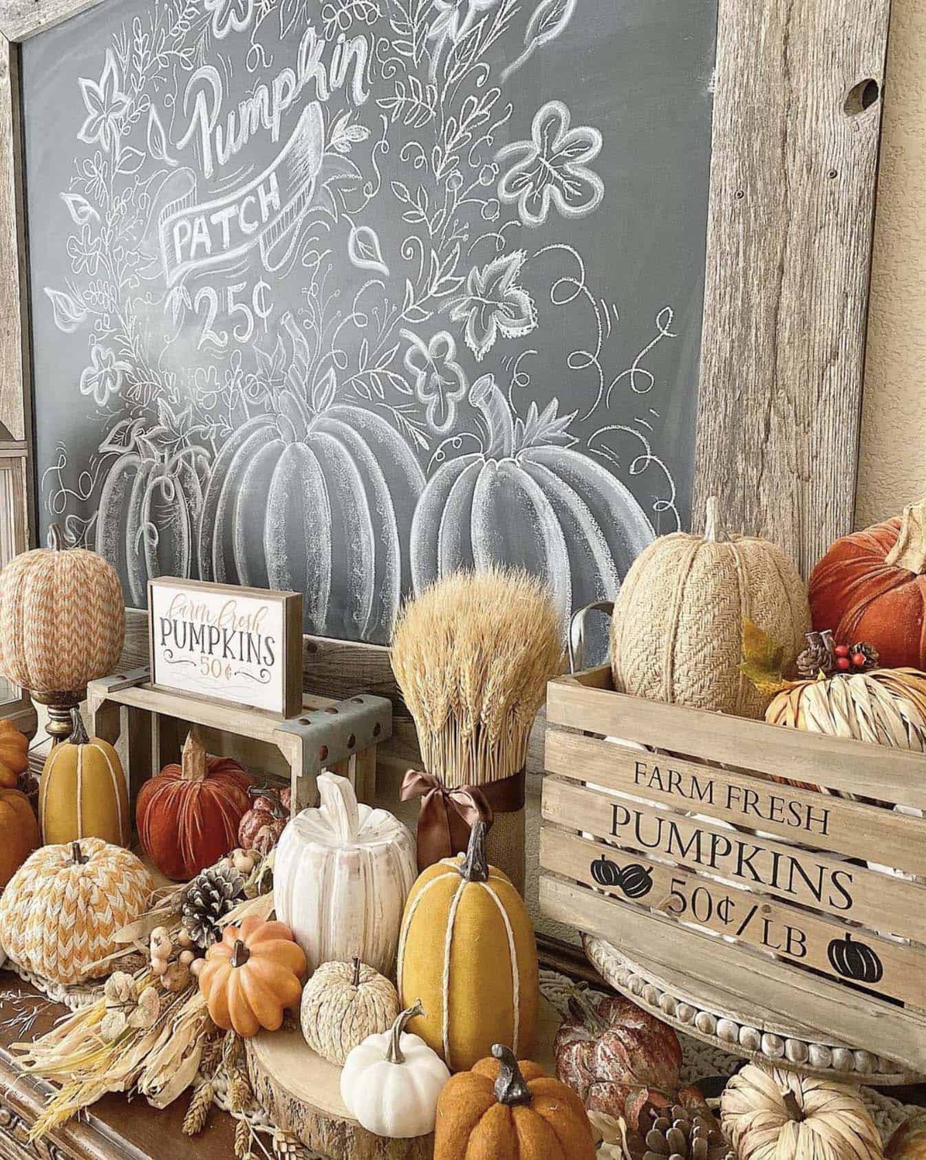 chalkboard vignette with fall-inspired artwork and a crate with pumpkins