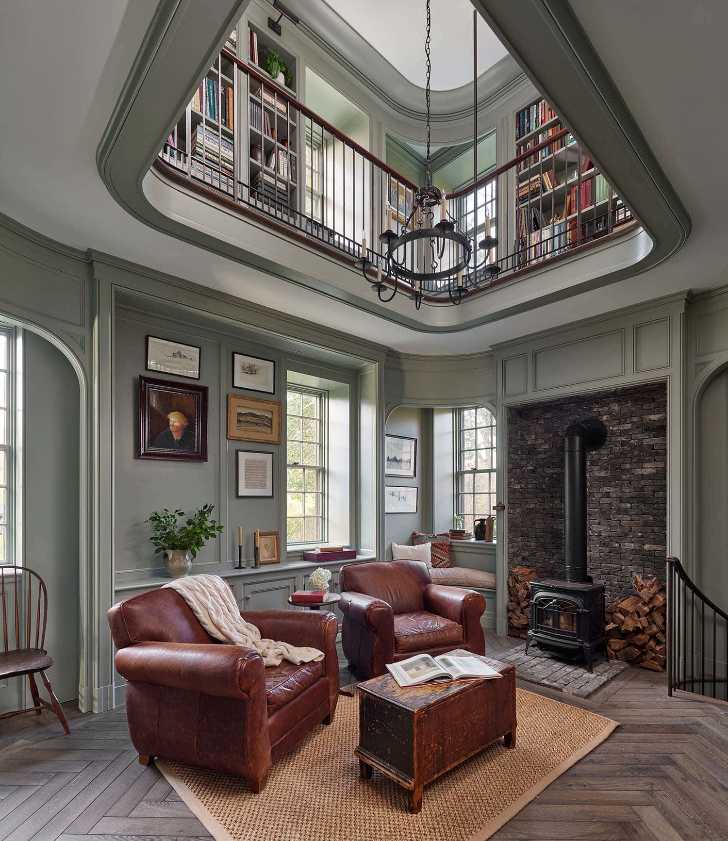 traditional home library and hearth room