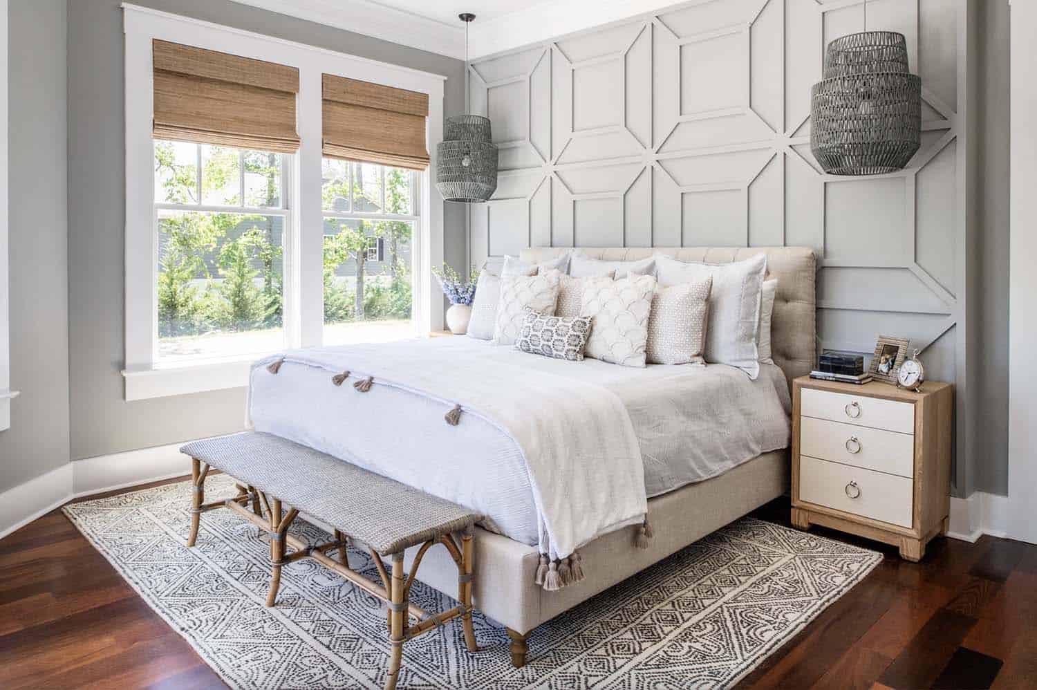 neutral bedroom with a feature wall