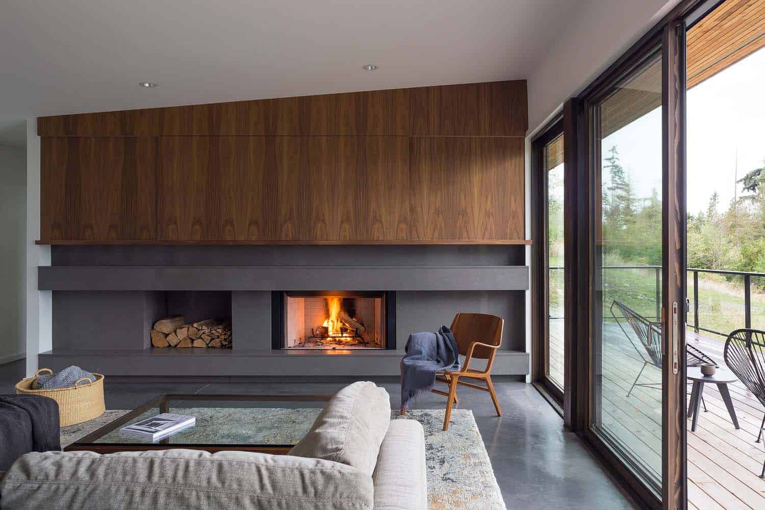 midcentury modern living room with a fireplace