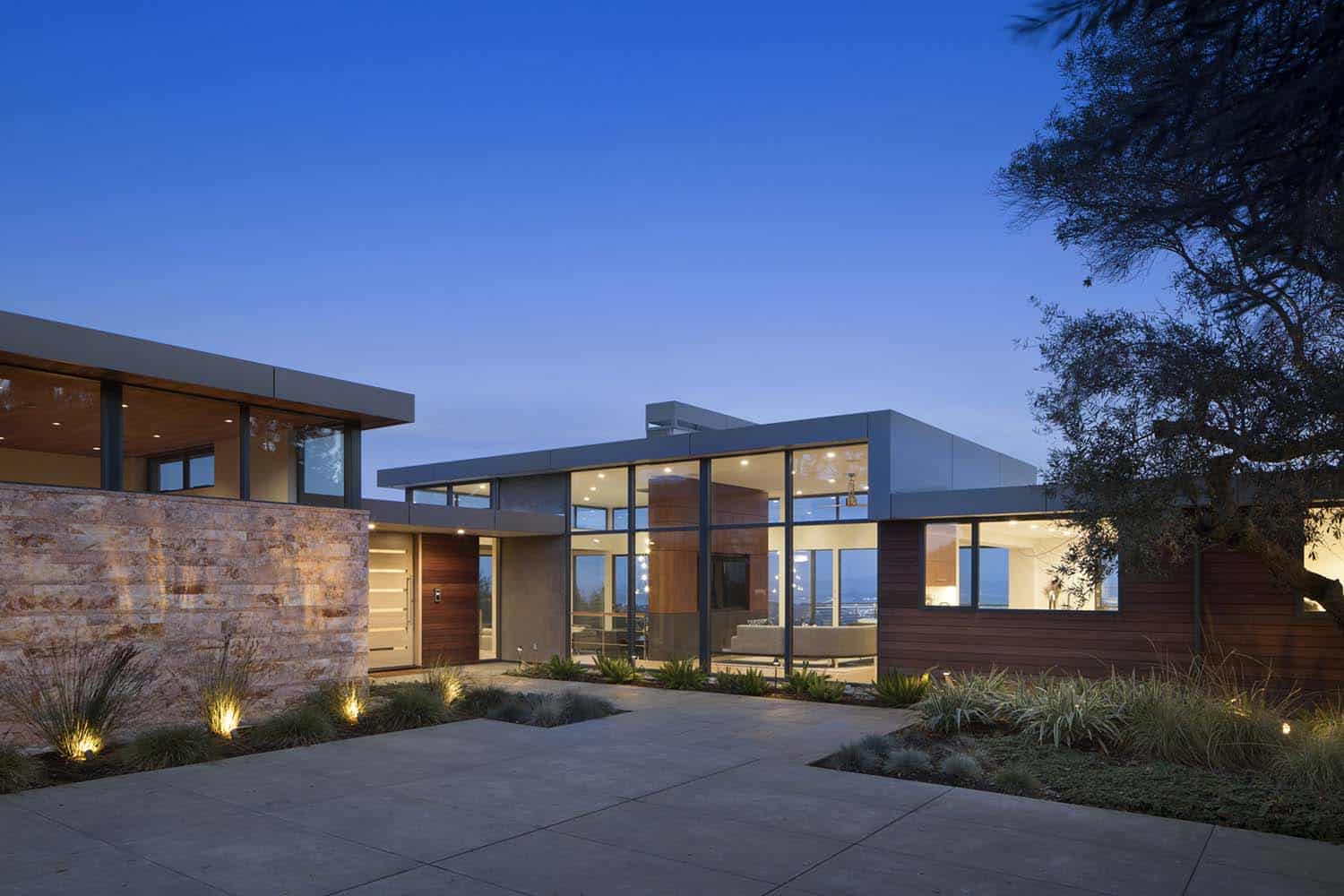 modern house exterior entry at night