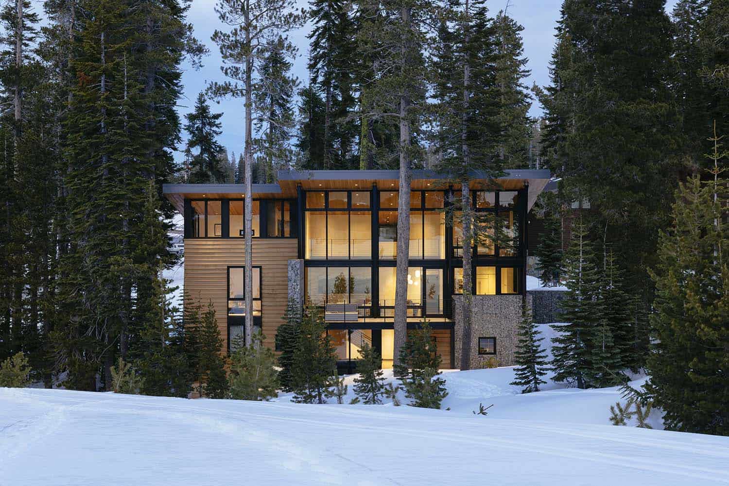 mountain modern house exterior at dusk