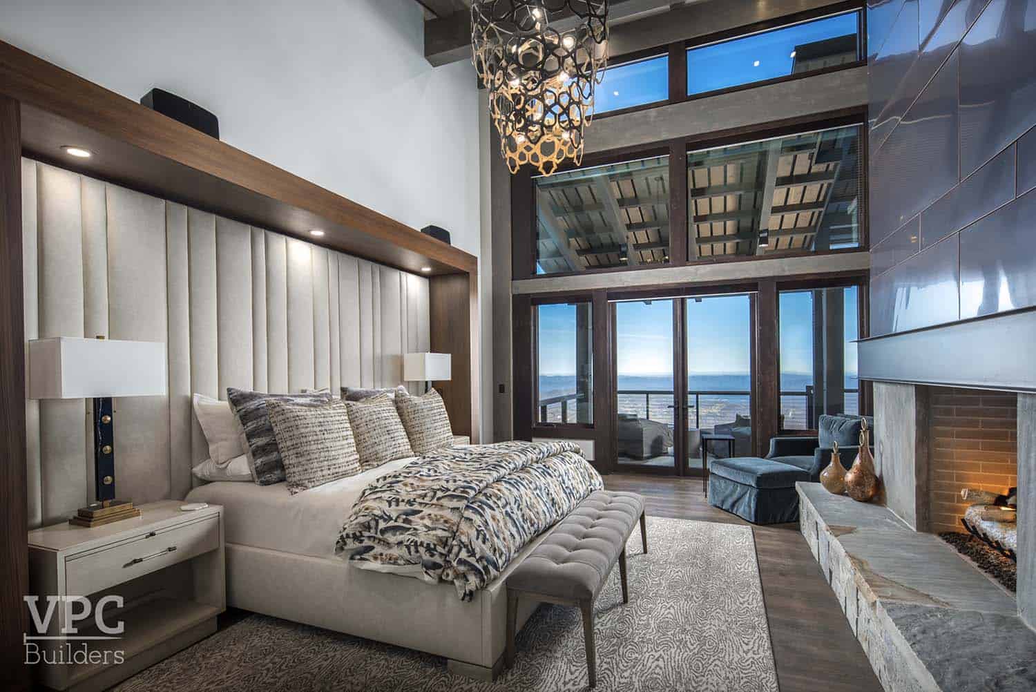 contemporary bedroom with sliding glass doors