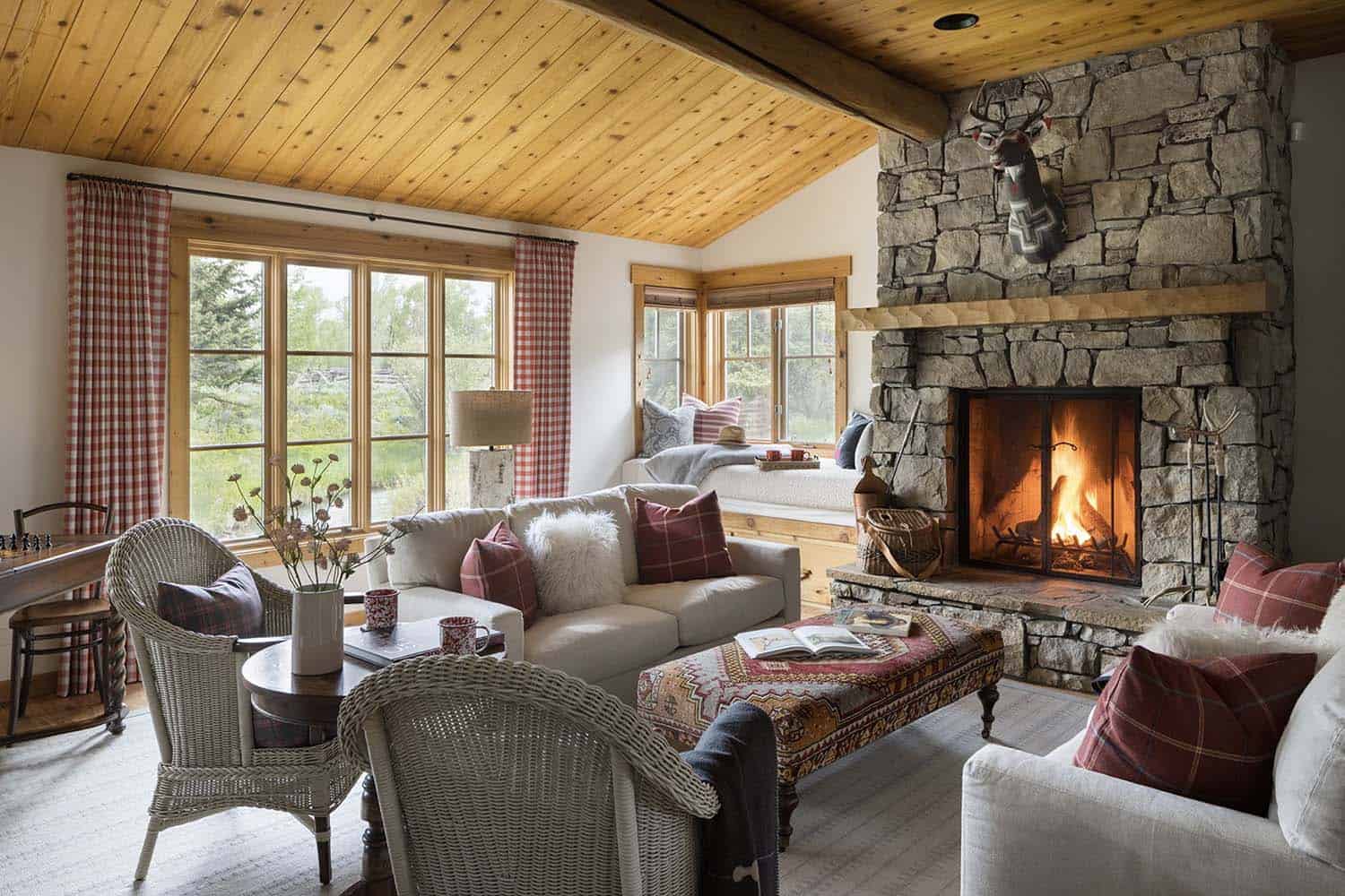 rustic cabin living room with a fireplace