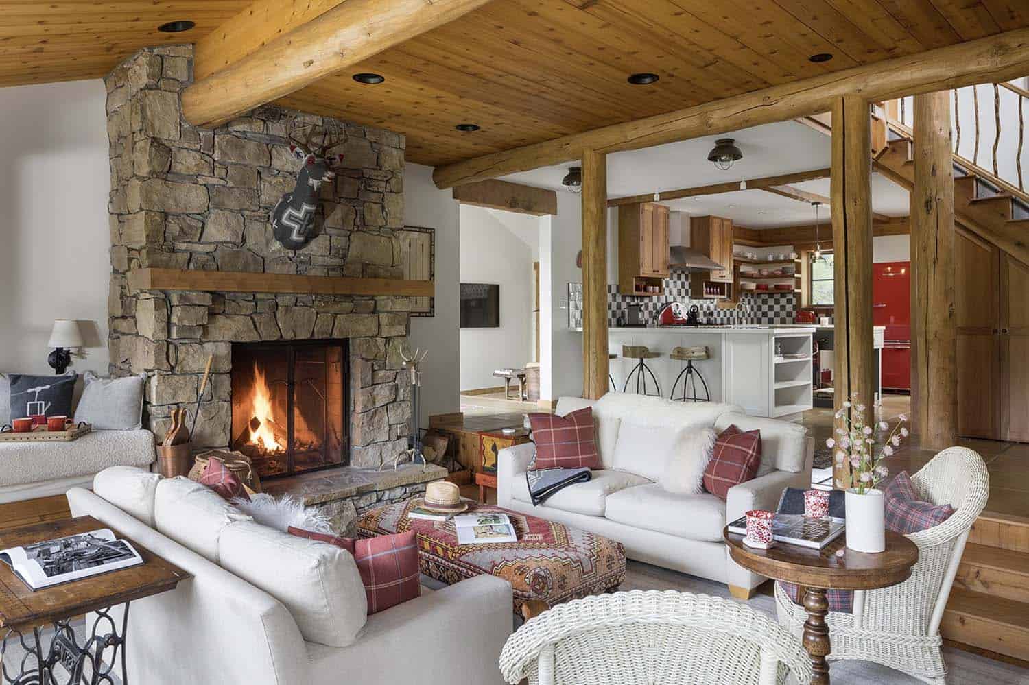rustic cabin living room with a fireplace