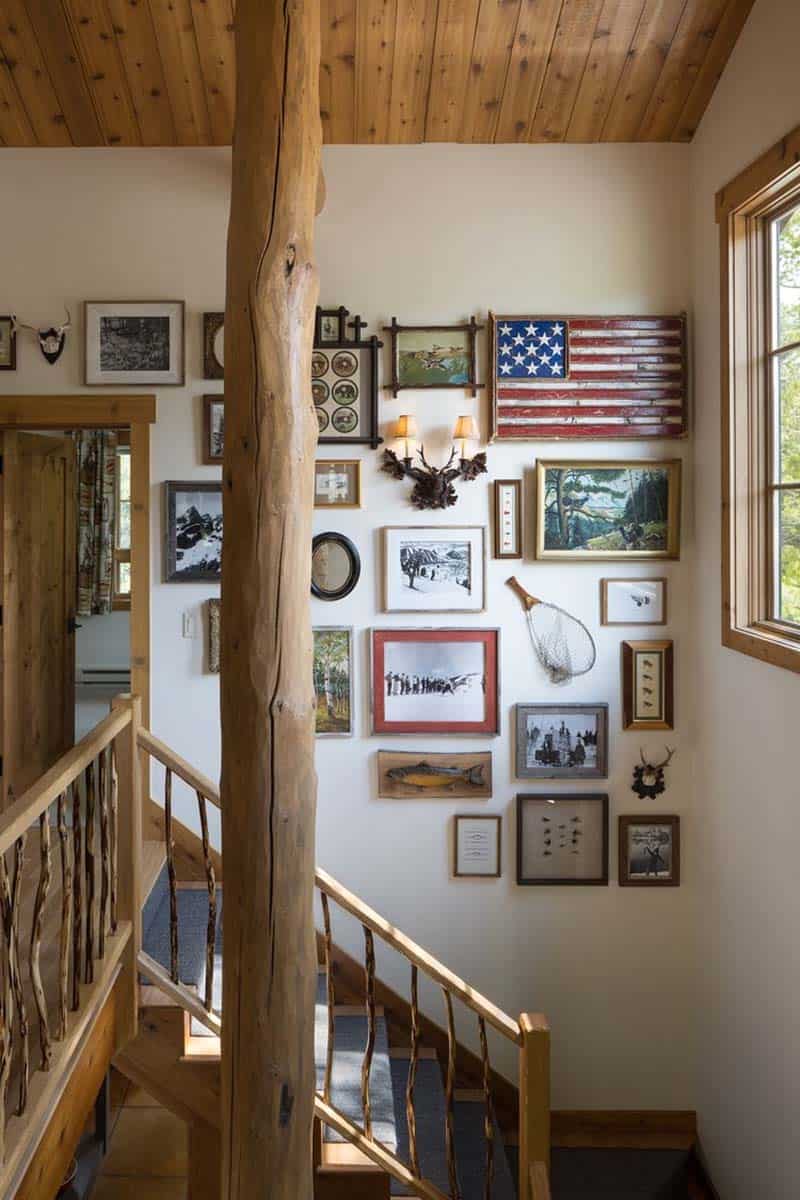 rustic staircase with a gallery wall