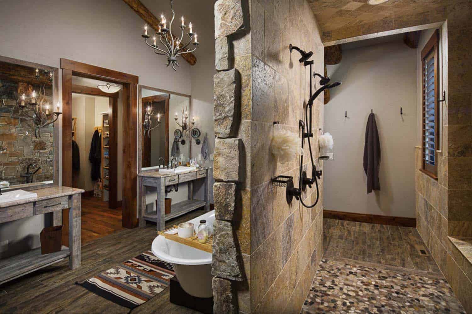 rustic bathroom with a soaking tub and walk in shower