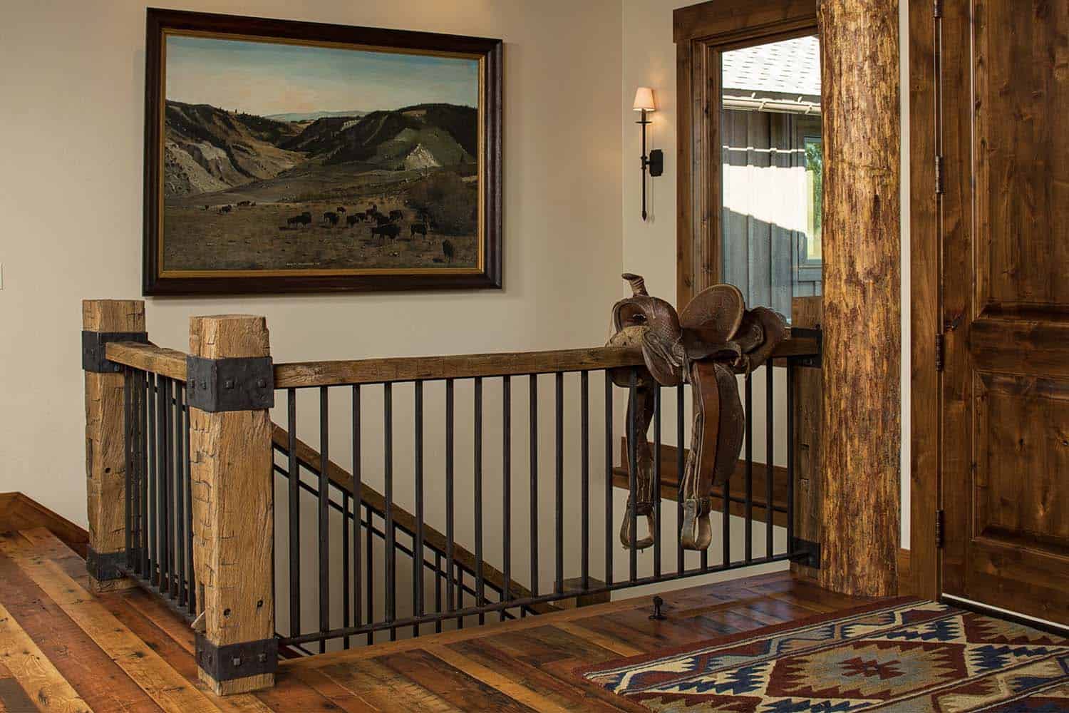 rustic mountain home entry with a staircase