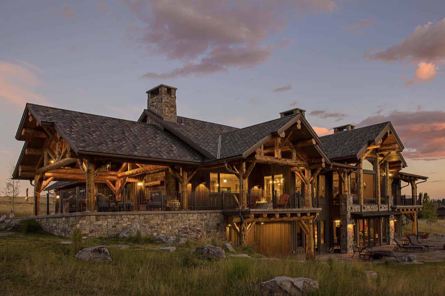 rustic mountain house exterior at dusk