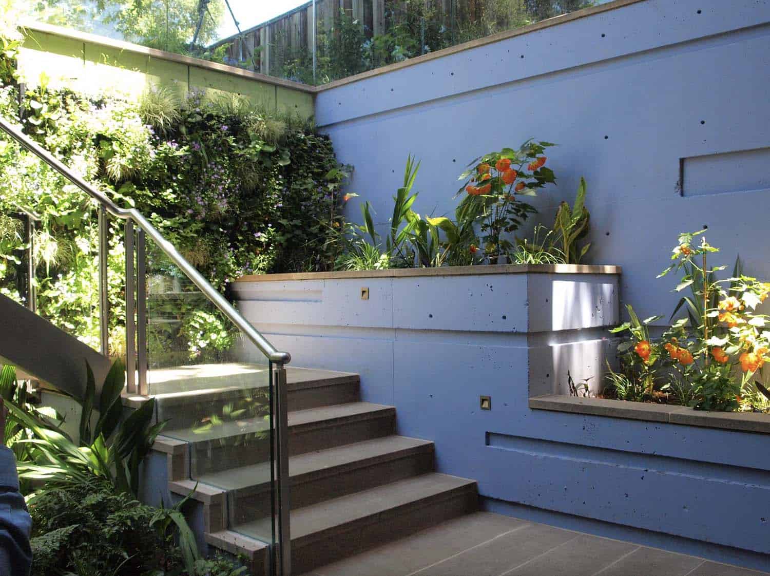 stepped, painted, concrete planters, a planted green wall + glass rail at concrete steps