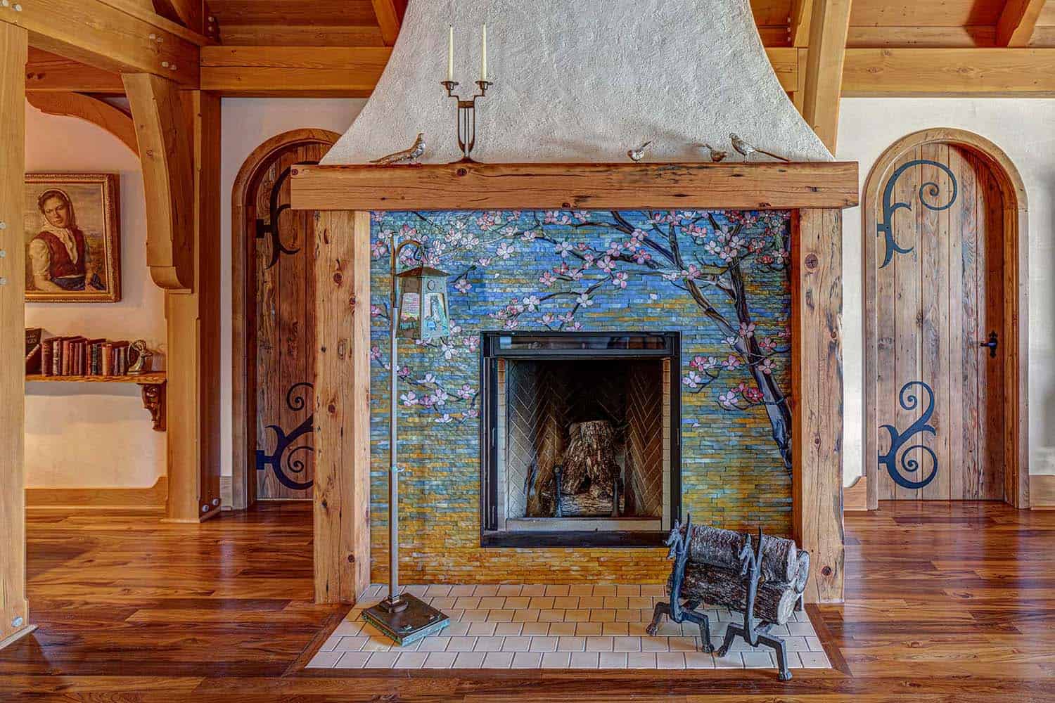 hobbit house rustic living room fireplace