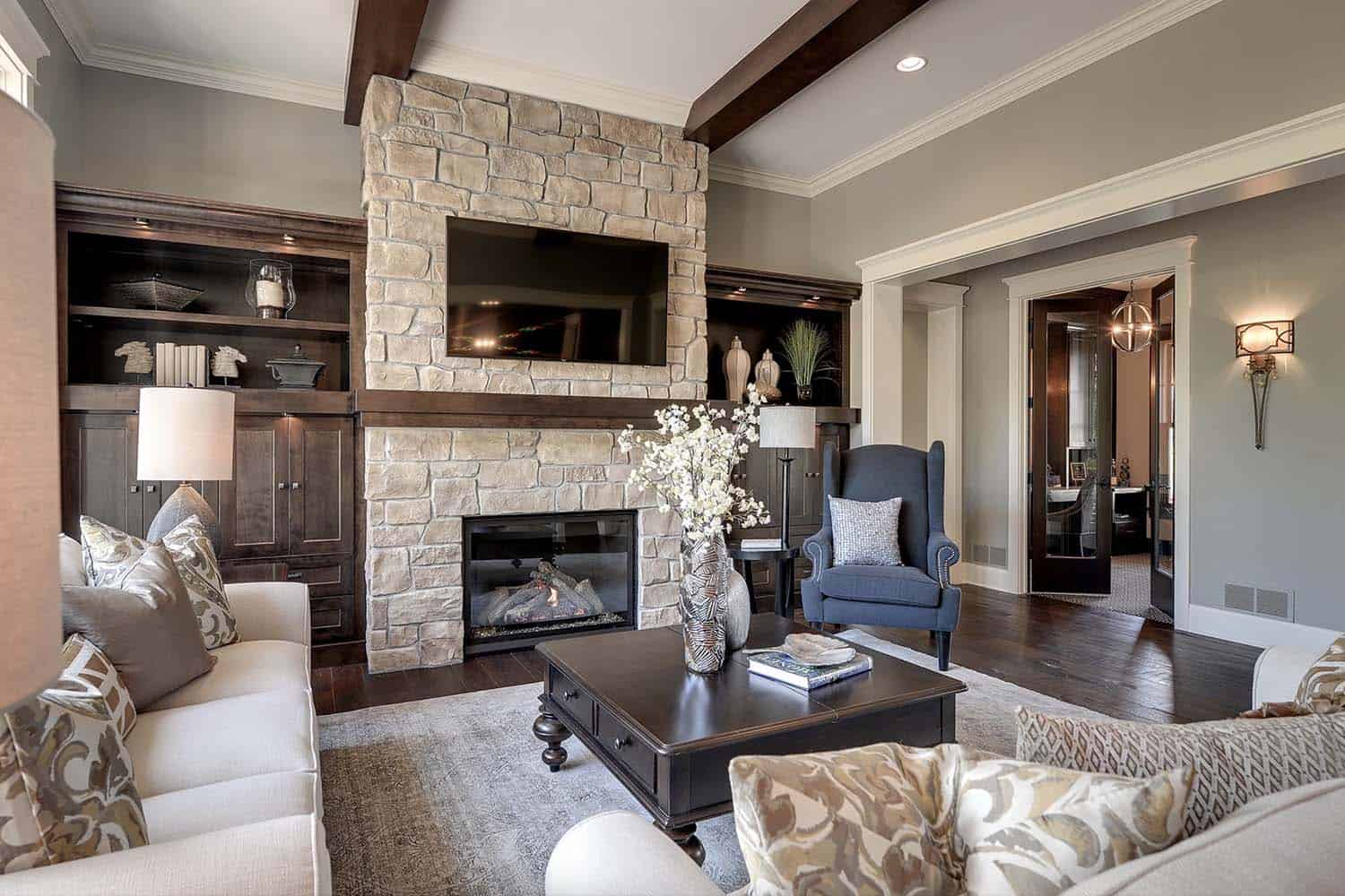 traditional style living room with a fireplace