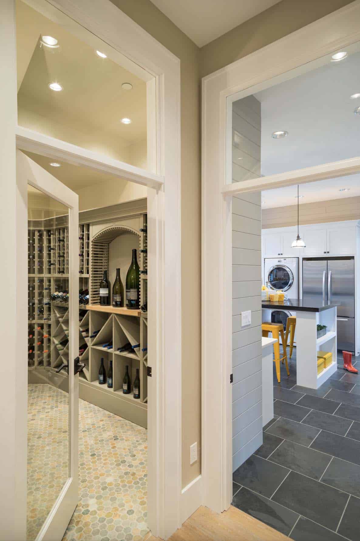 transitional style wine cellar entry