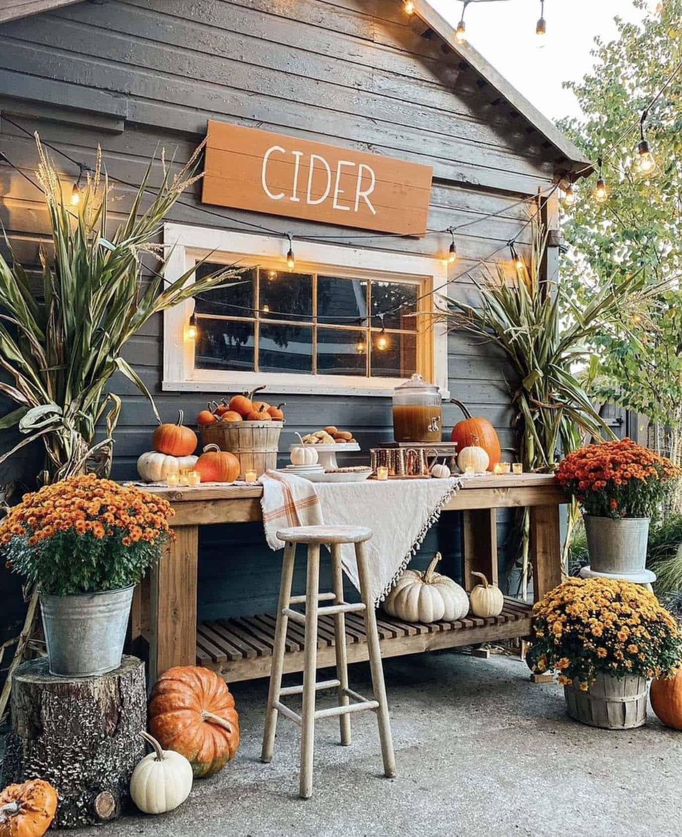 fall themed apple cider bar in front of an old shed outdoors