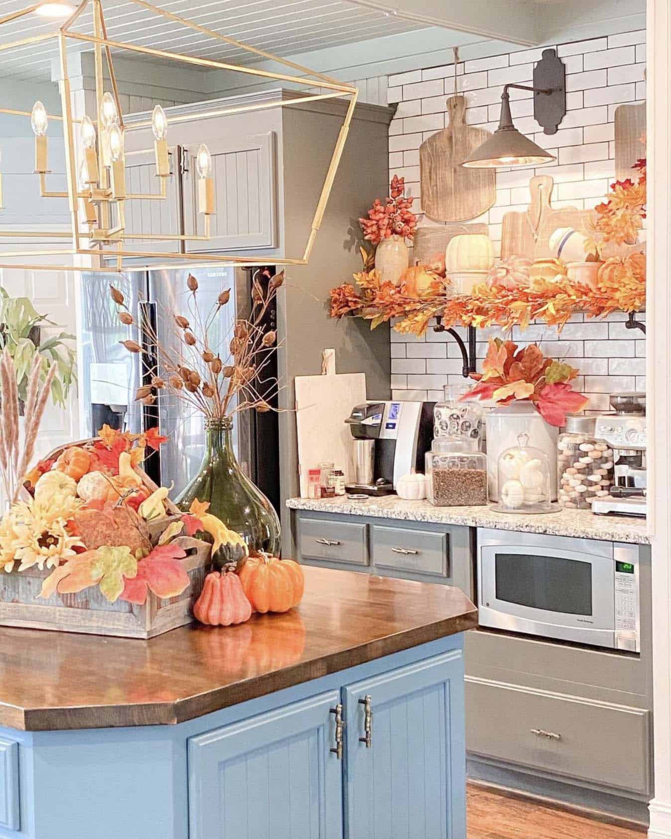 farmhouse style kitchen decorated for fall
