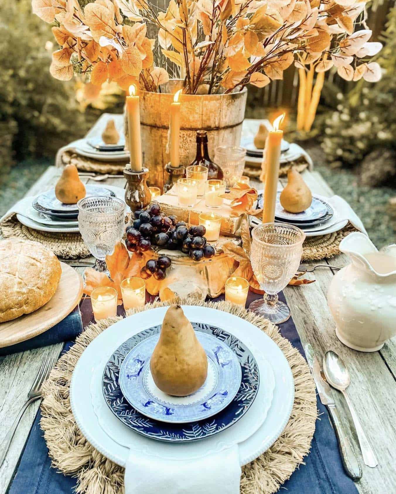 cozy fall tablescape with blues and golds