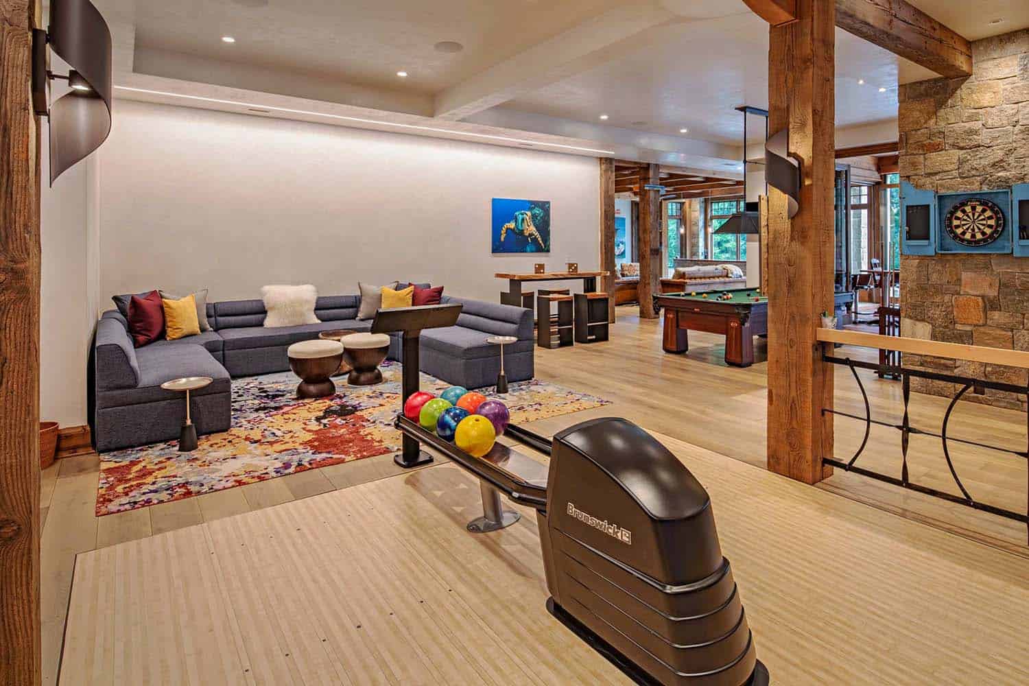 rustic basement with a bowling alley
