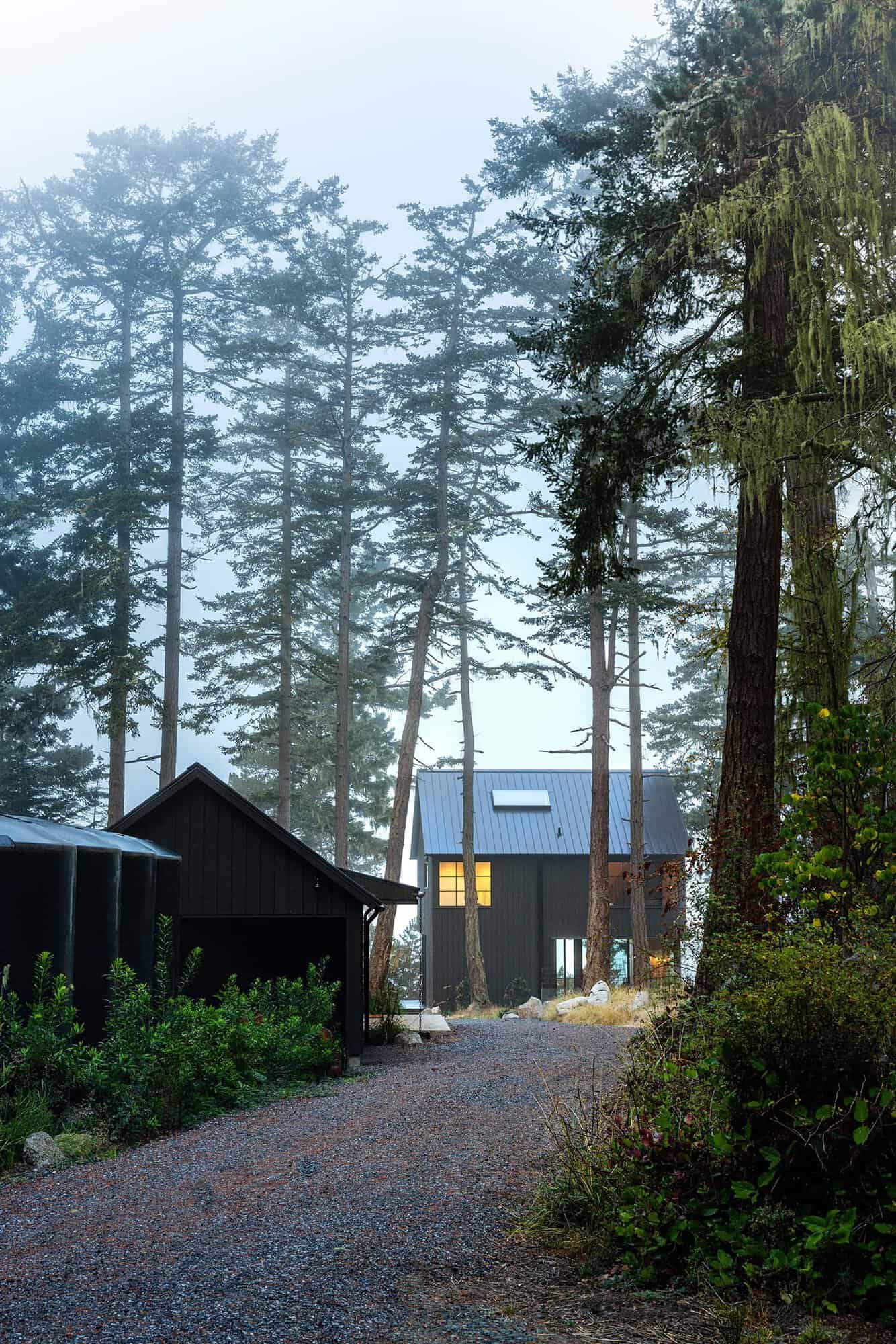 modern black cabin exterior in the woods
