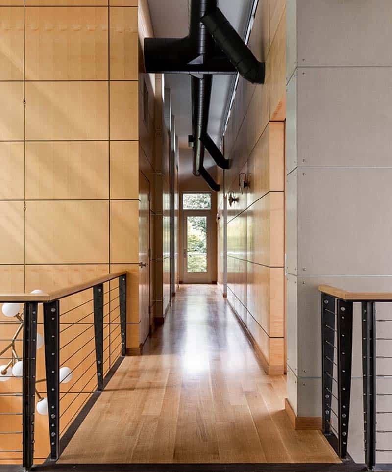 contemporary hallway with wood floors