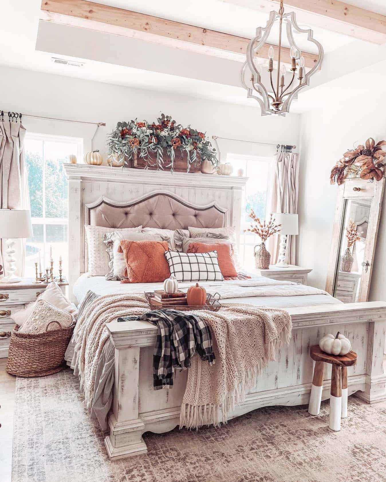 bedroom with fall decor and plaids