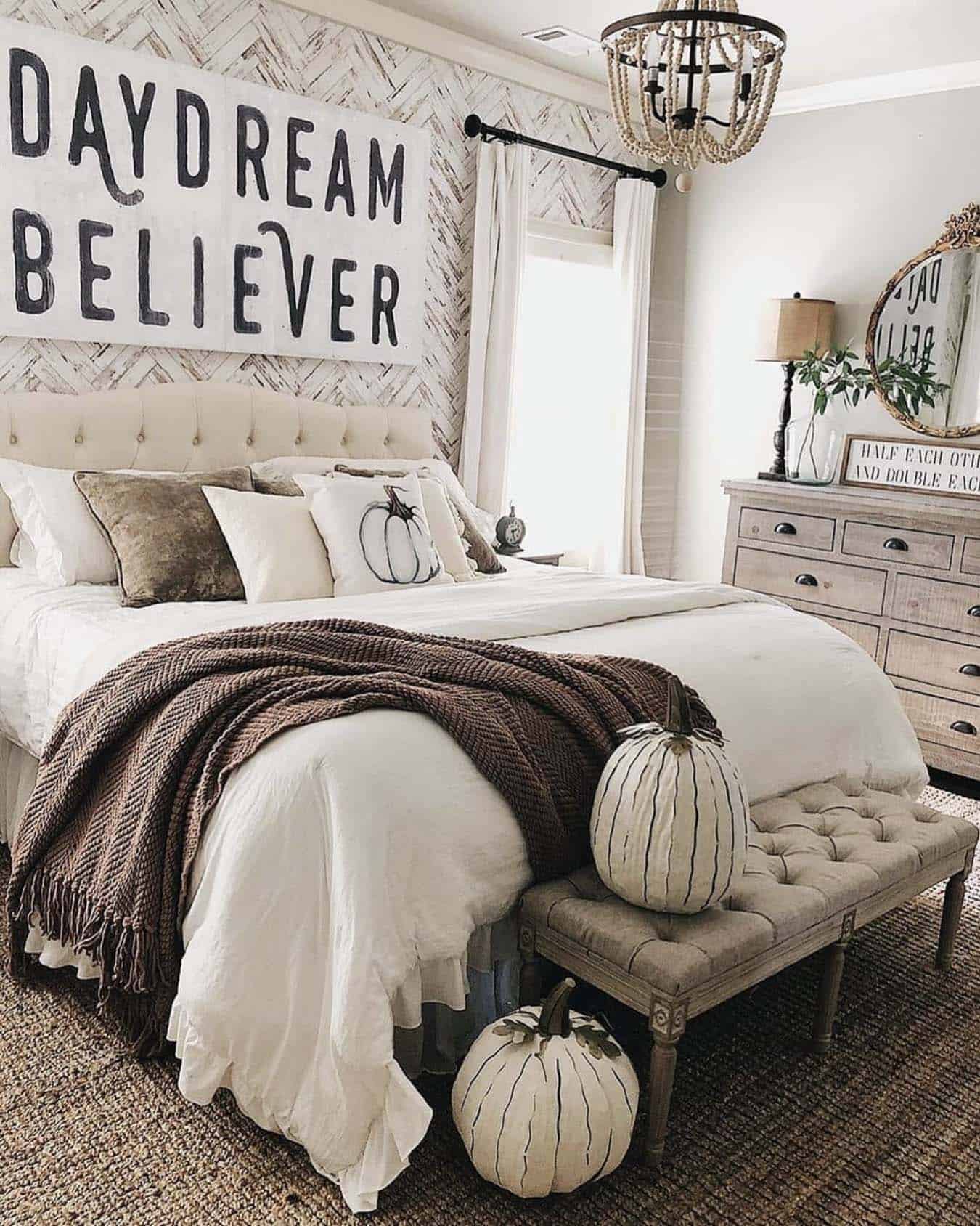 fall bedroom decorated with warm earth tones